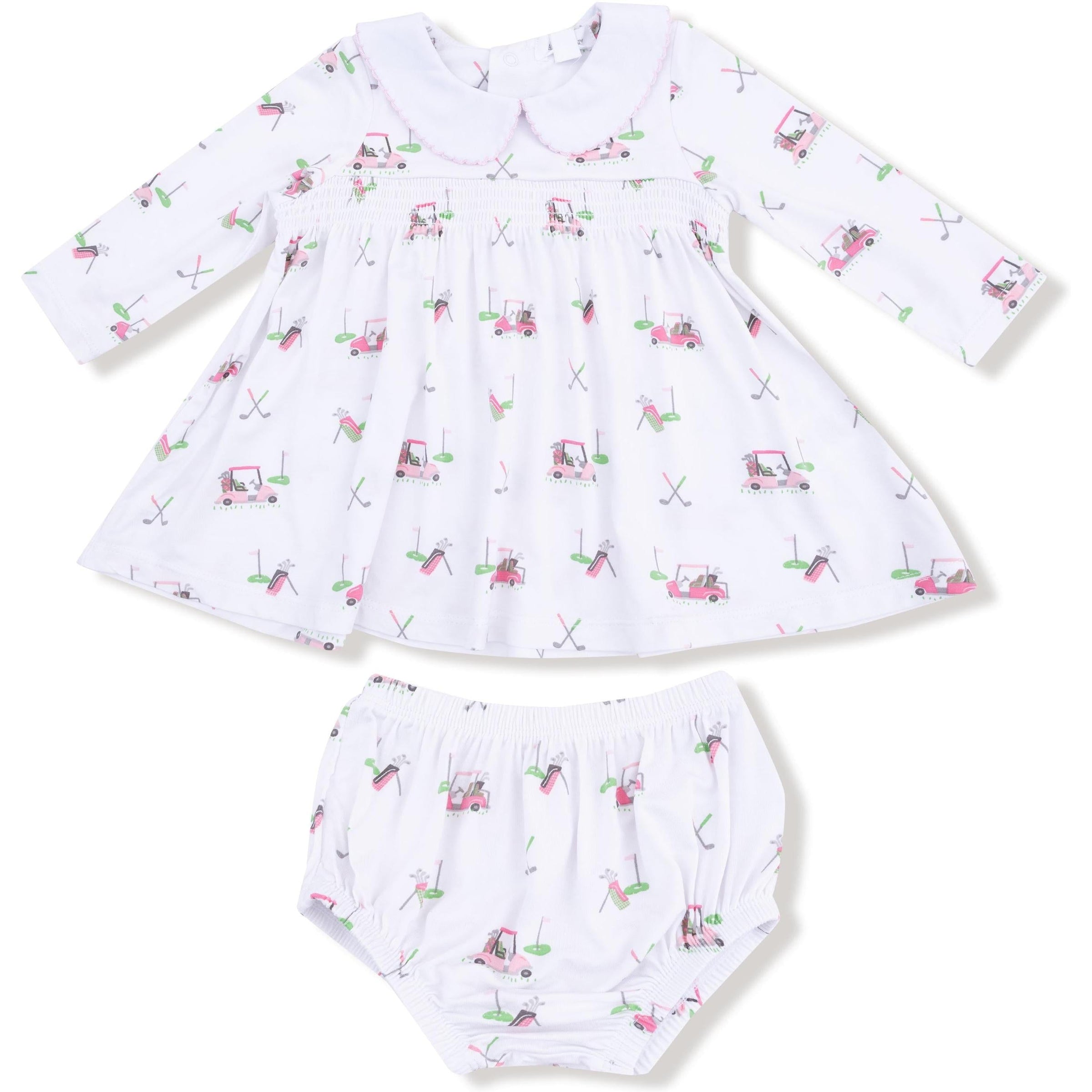 Angel Dear Baby Golf Carts Pink Long Sleeve Peter Pan Collar Dress with Smocking and Diaper Cover