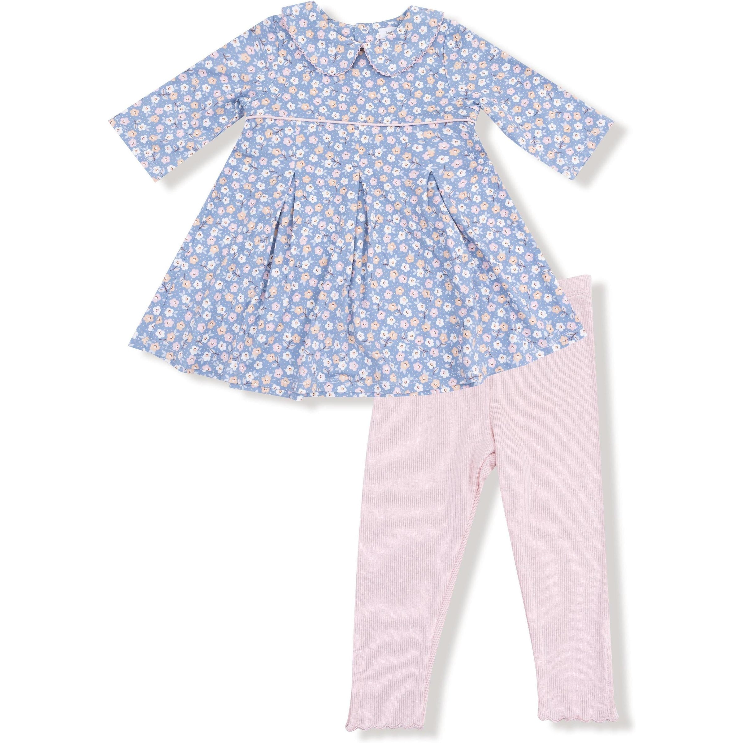 Angel Dear Country Calico Box Pleat Dress with 3/4 Sleeve + Peterpan Collar & Rib Leggings