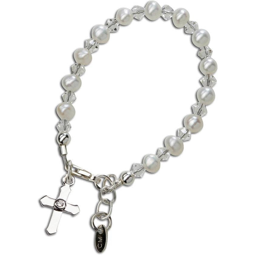 Cherished Moments Grace-Sterling Silver Pearl Cross Baby Girl Baptism Bracelet