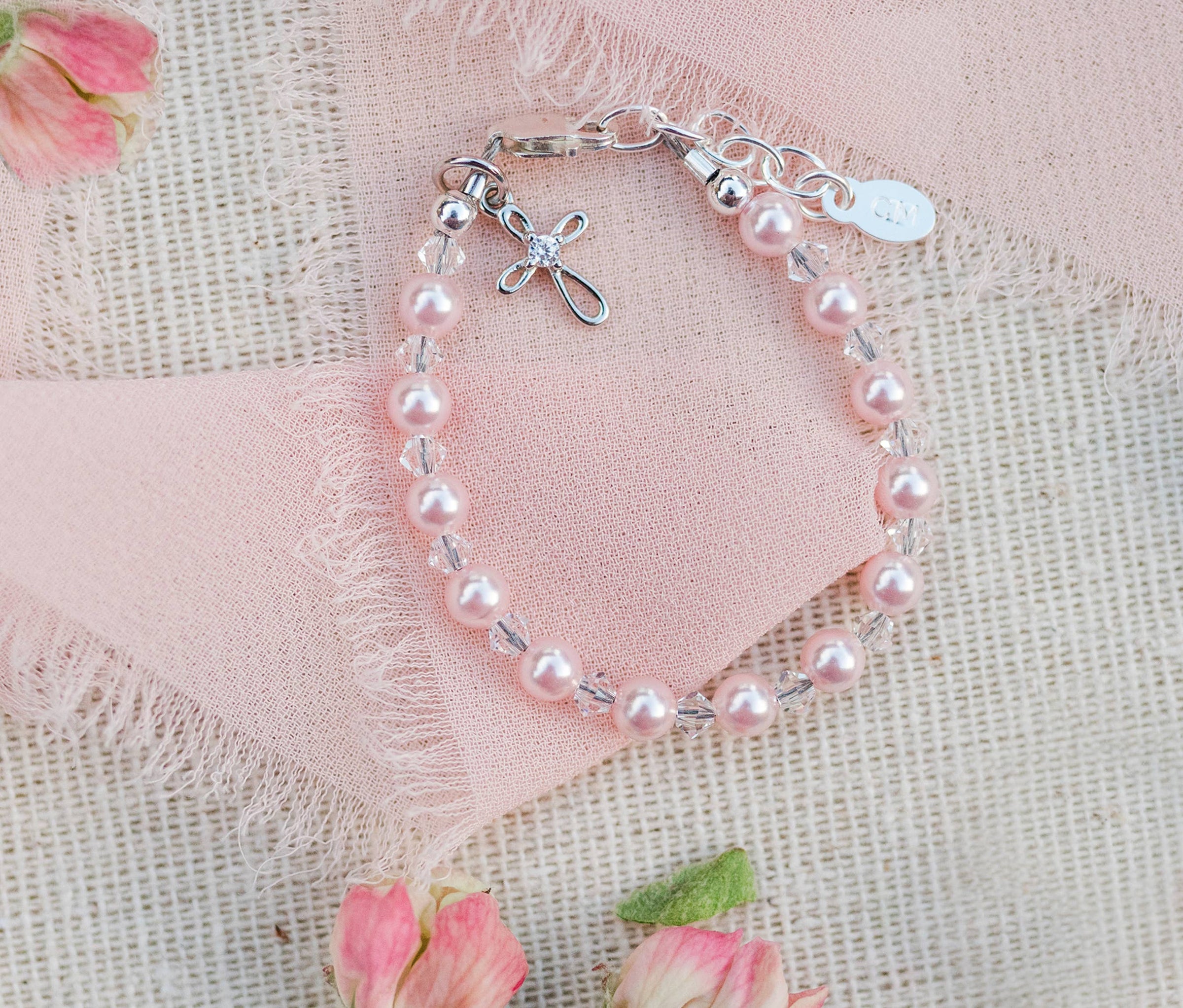 Cherished Moments - Sterling Silver Pink Pearl Cross Baby Bracelet Kids Jewelry