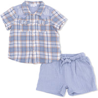 Angel Dear Western Boot Plaid Short Sleeve Western Pearl Snap Shirt with Casual Short