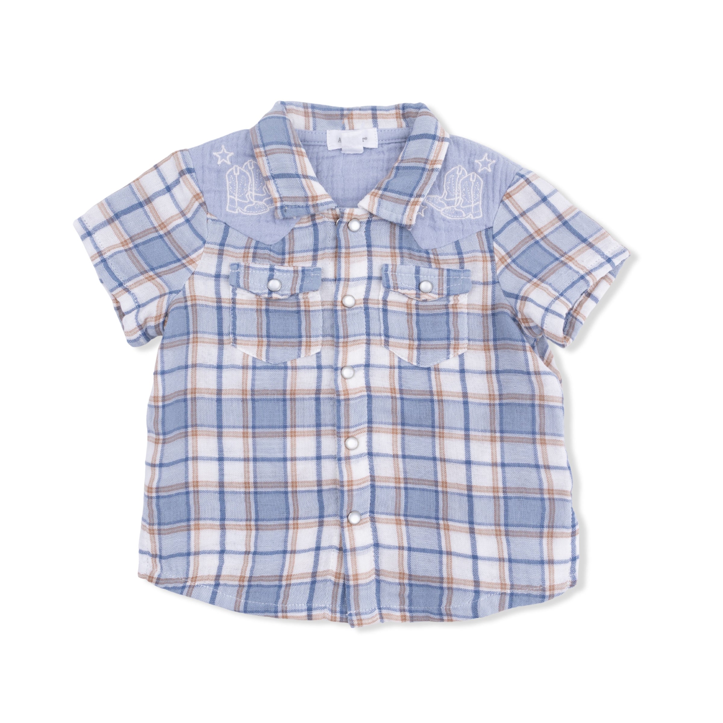 Angel Dear Western Boot Plaid Short Sleeve Western Pearl Snap Shirt with Casual Short