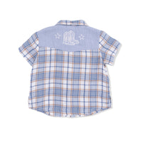 Angel Dear Western Boot Plaid Short Sleeve Western Pearl Snap Shirt with Casual Short