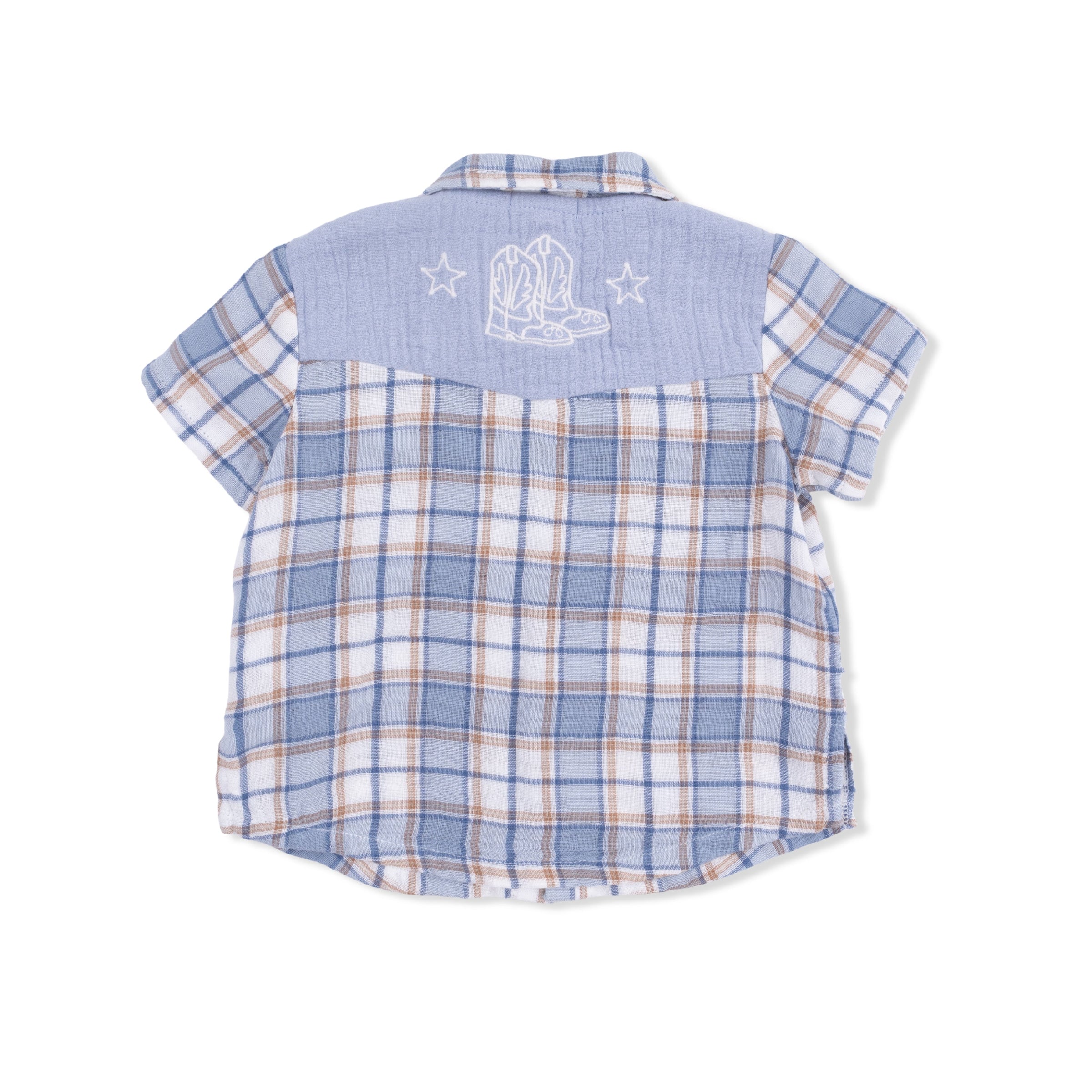 Angel Dear Western Boot Plaid Short Sleeve Western Pearl Snap Shirt with Casual Short