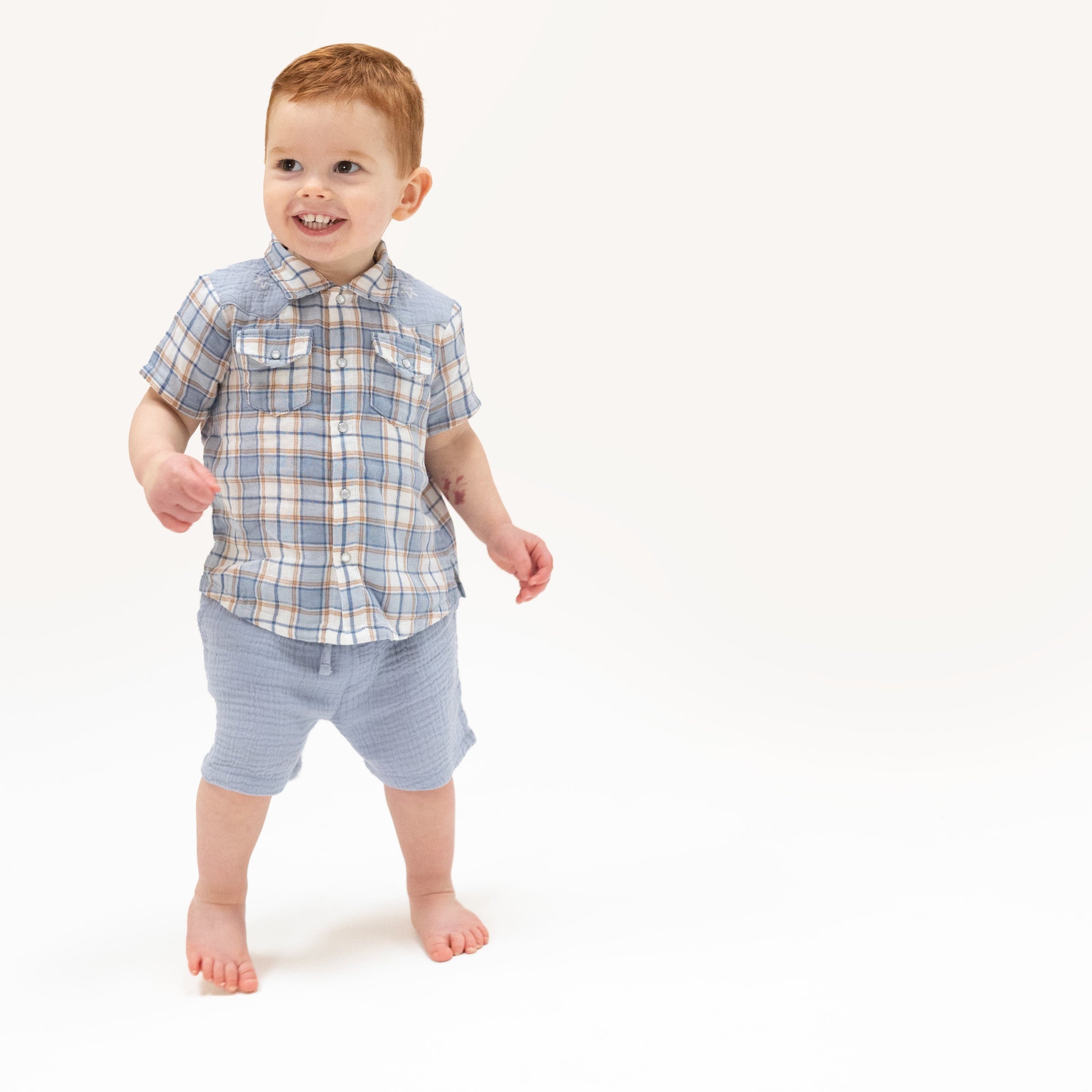 Angel Dear Western Boot Plaid Short Sleeve Western Pearl Snap Shirt with Casual Short