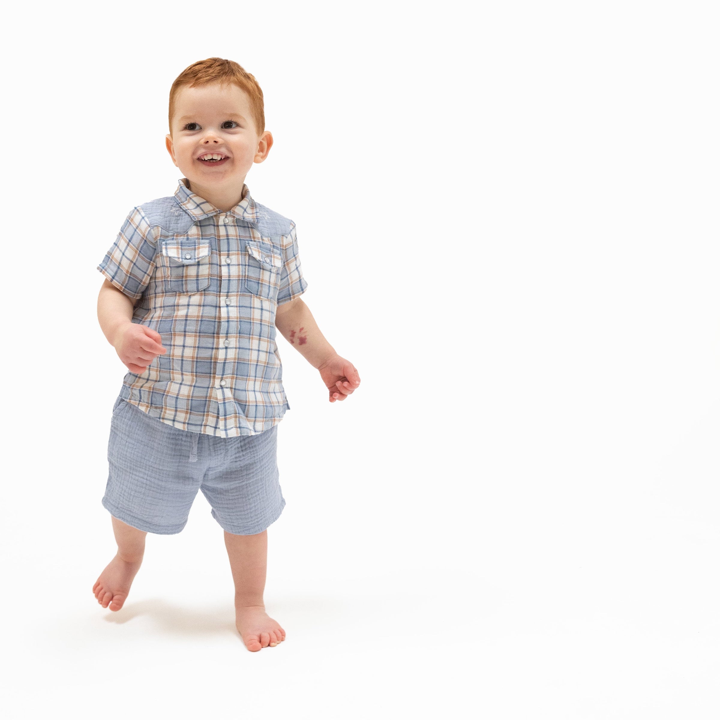 Angel Dear Western Boot Plaid Short Sleeve Western Pearl Snap Shirt with Casual Short