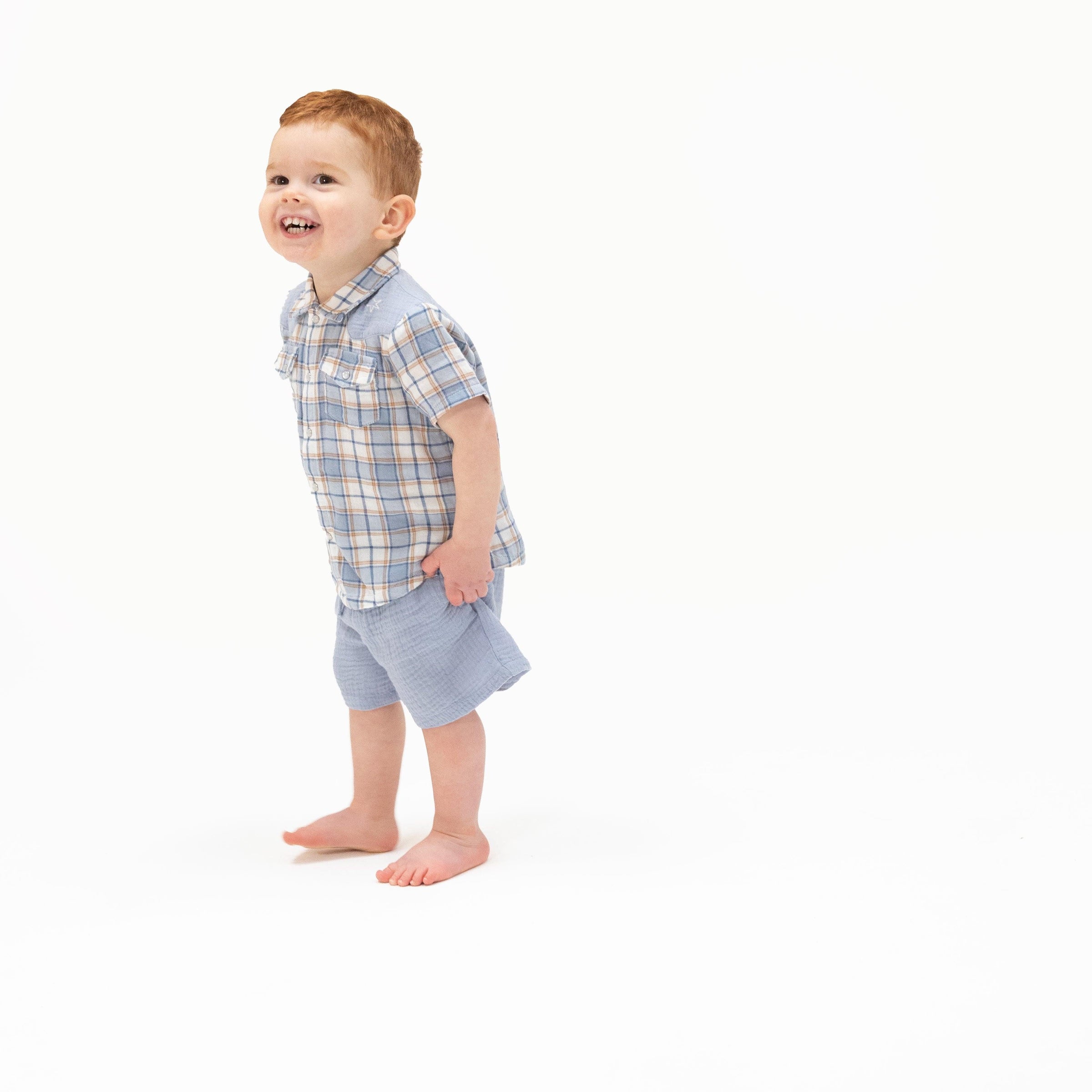 Angel Dear Western Boot Plaid Short Sleeve Western Pearl Snap Shirt with Casual Short