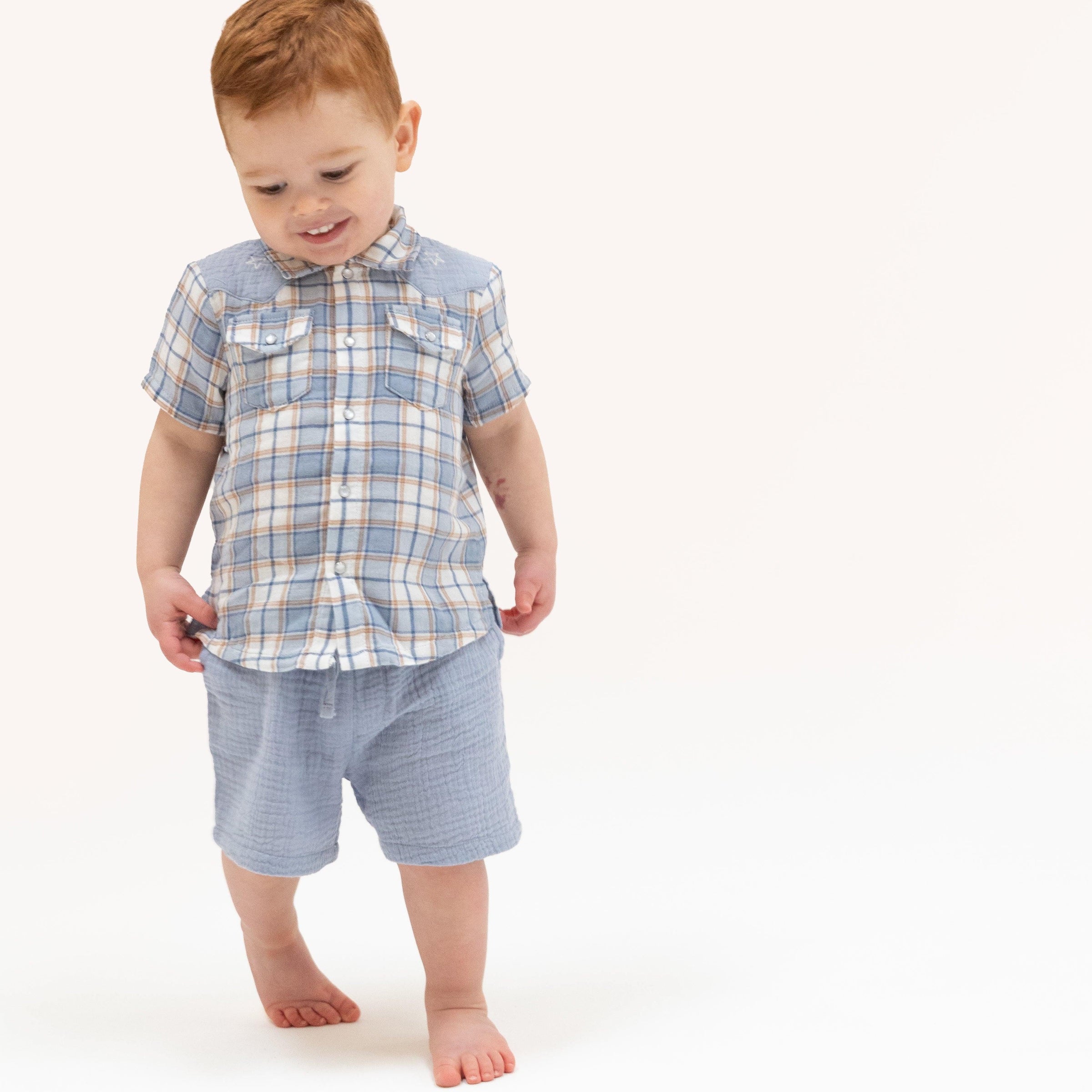 Angel Dear Western Boot Plaid Short Sleeve Western Pearl Snap Shirt with Casual Short