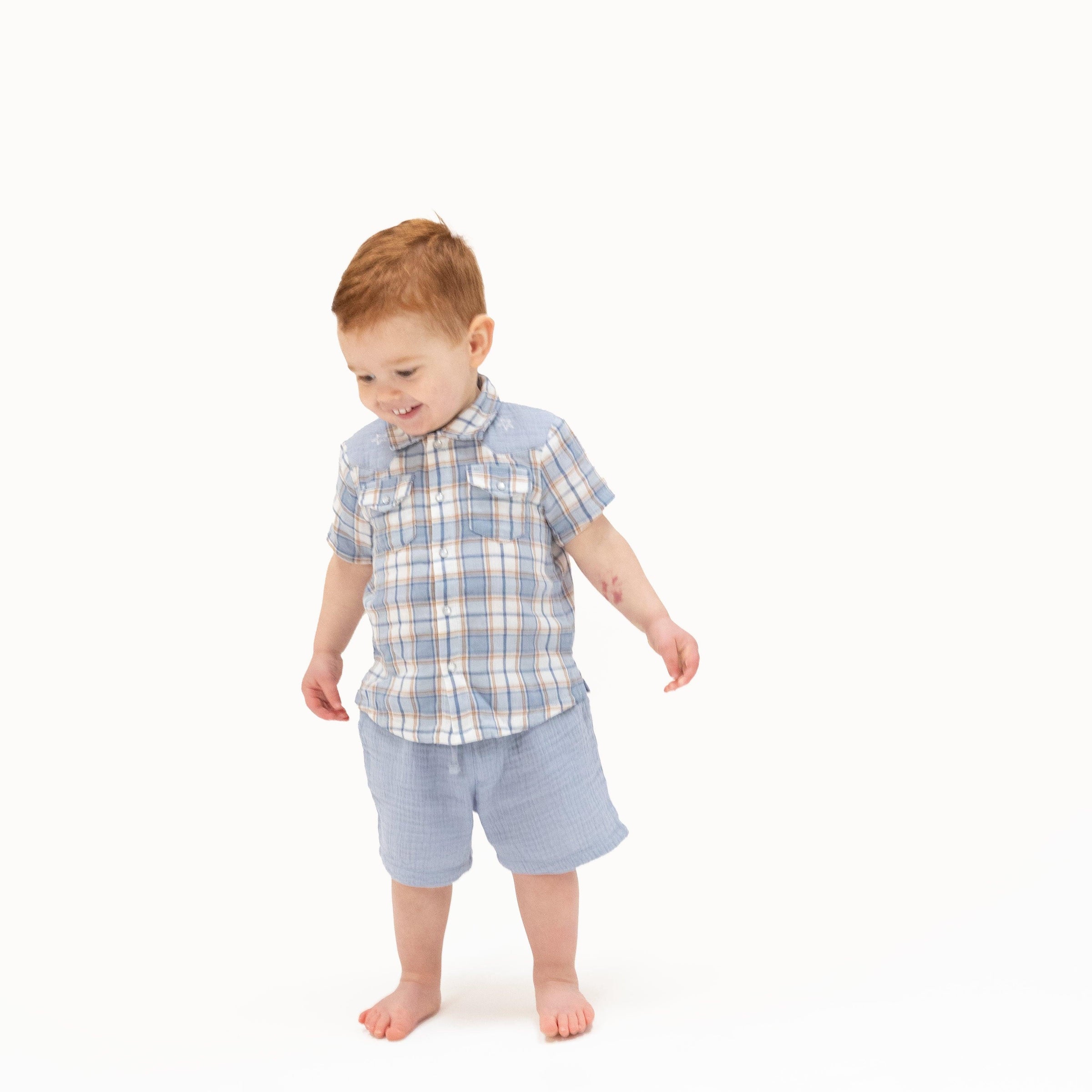 Angel Dear Western Boot Plaid Short Sleeve Western Pearl Snap Shirt with Casual Short