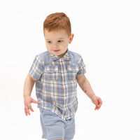 Angel Dear Western Boot Plaid Short Sleeve Western Pearl Snap Shirt with Casual Short