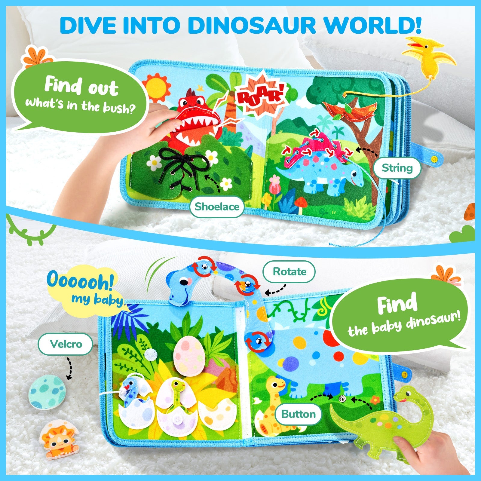 JoyCat 15-in-1 Dinosaur Friends Montessori Busy Book