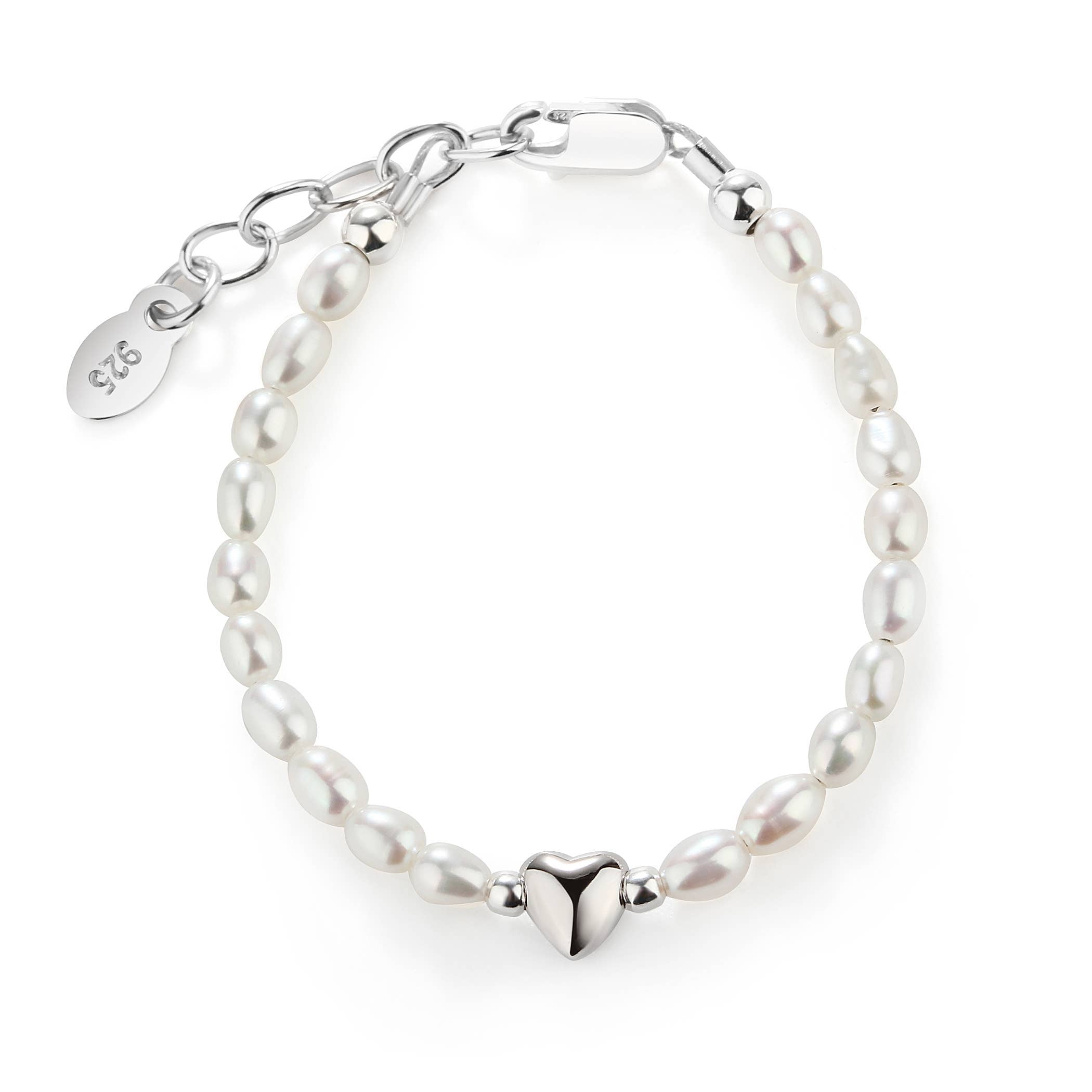 Cherished Moments - Girls Sterling Silver Pearl and Heart Baby Bracelet for Kids