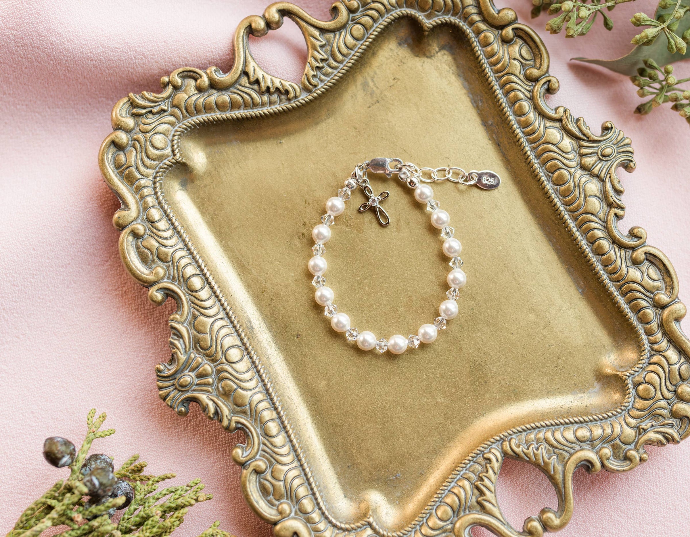 Cherished Moments - Silver Pearl Cross Baby Bracelet Baptism & Communion Gift