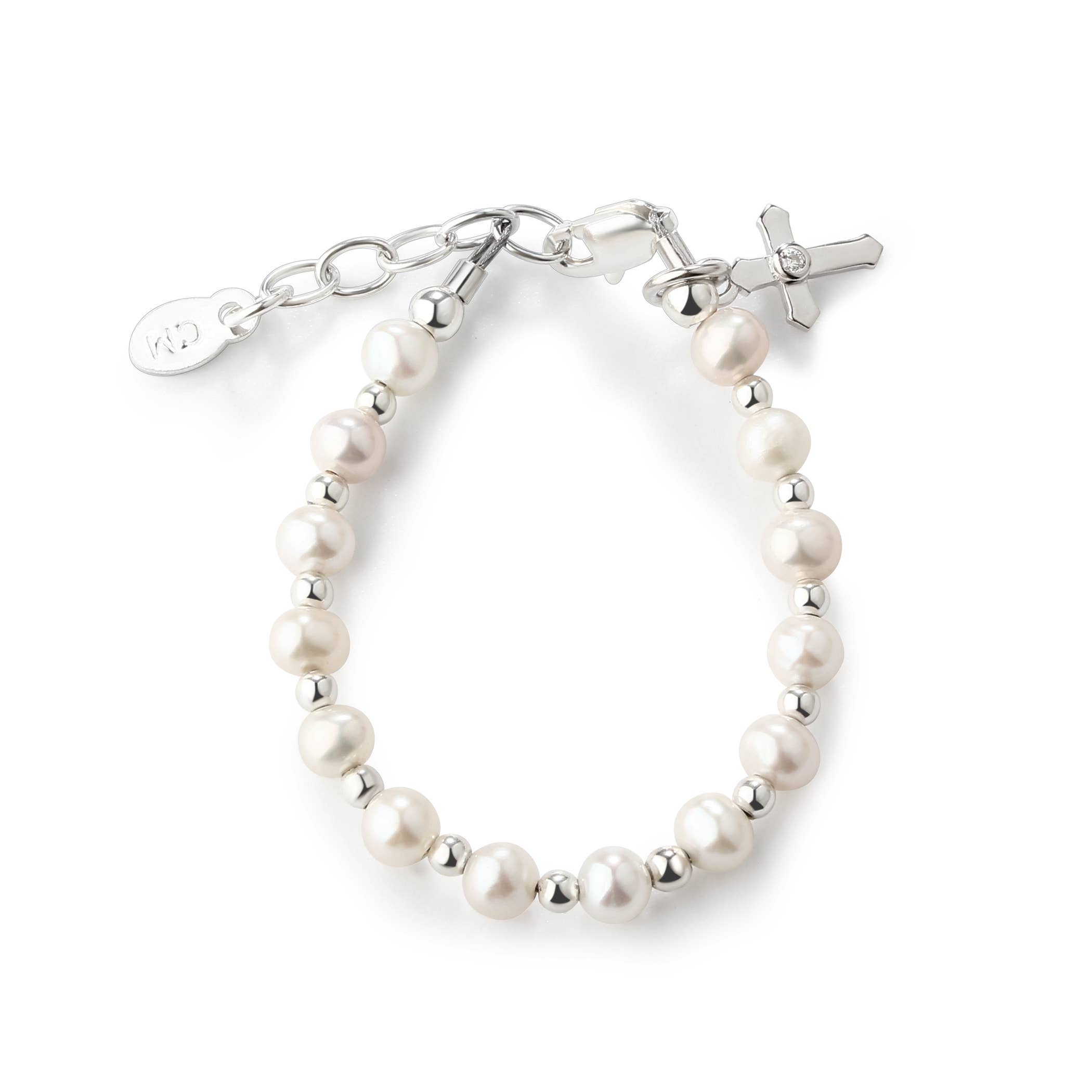 Cherished Moments - Silver Pearl Cross Bracelet for Baptism or Christening Gift