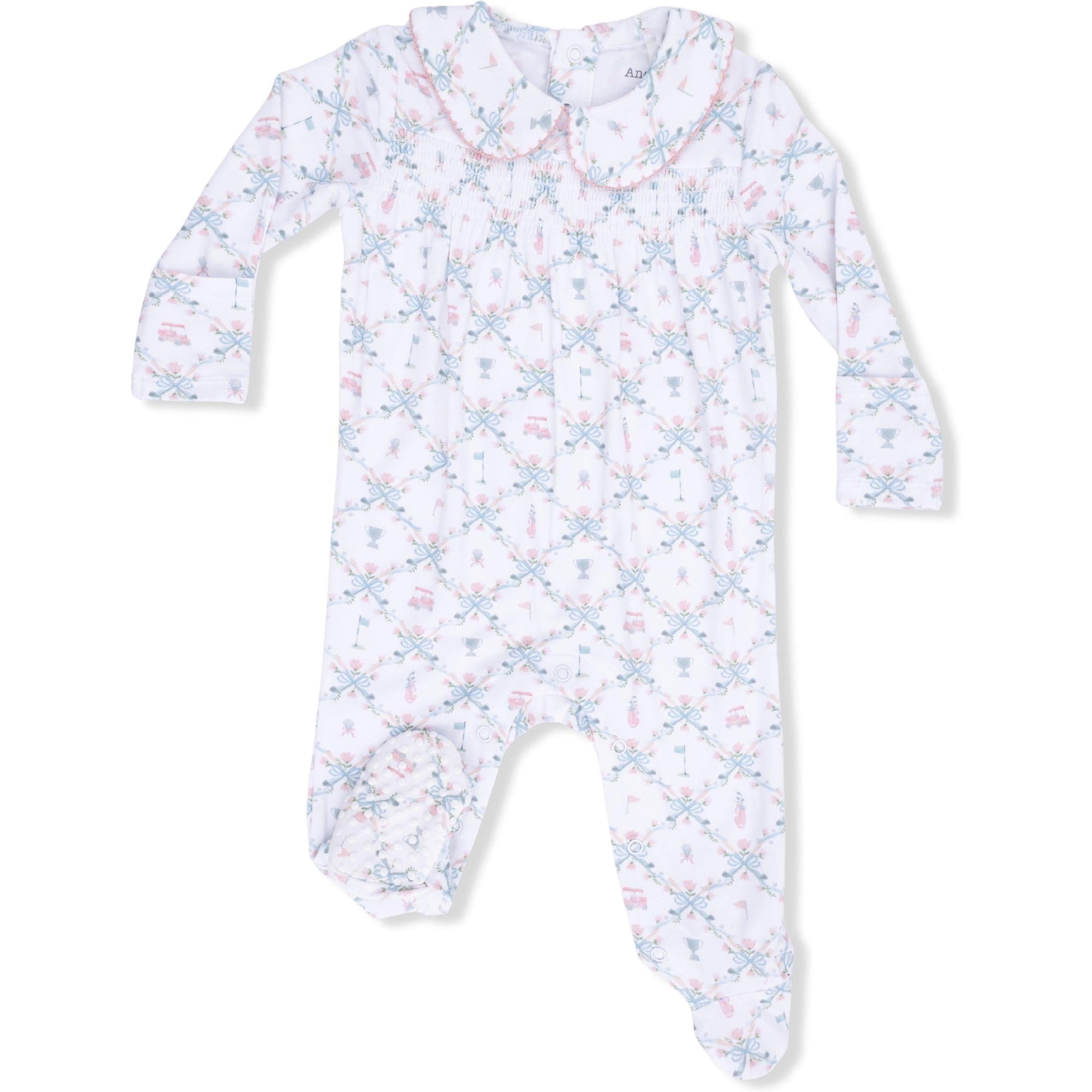Angel Dear Golf Trellis Pink Smocked Peter Pan Snap Footie