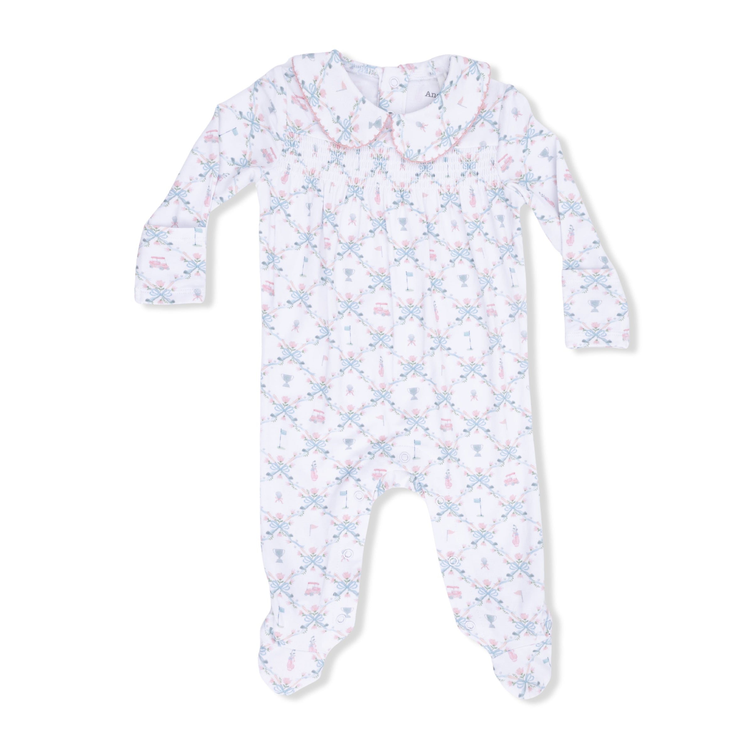 Angel Dear Golf Trellis Pink Smocked Peter Pan Snap Footie