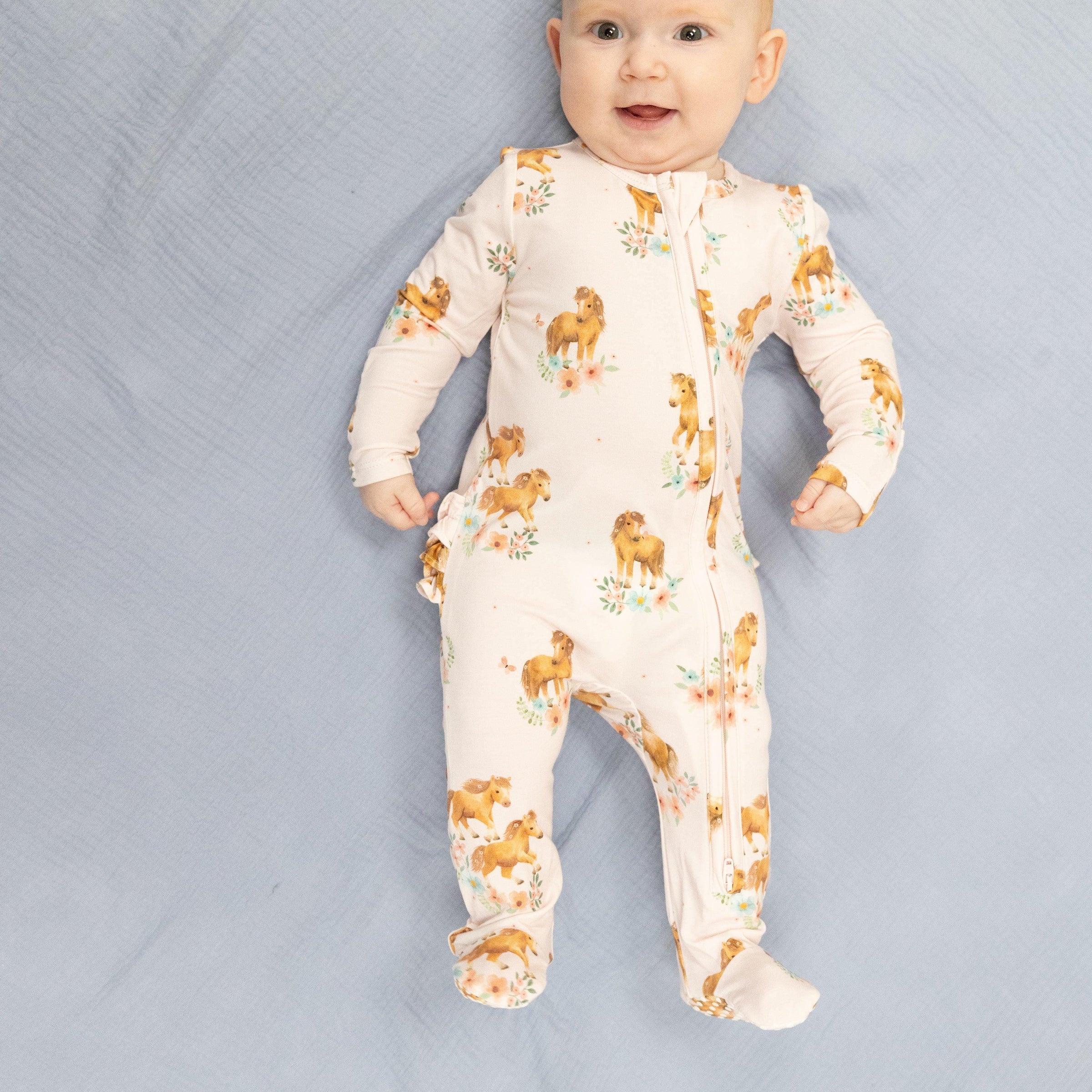 Angel Dear Pink Ponies 2-Way Ruffle Back Zipper Footie