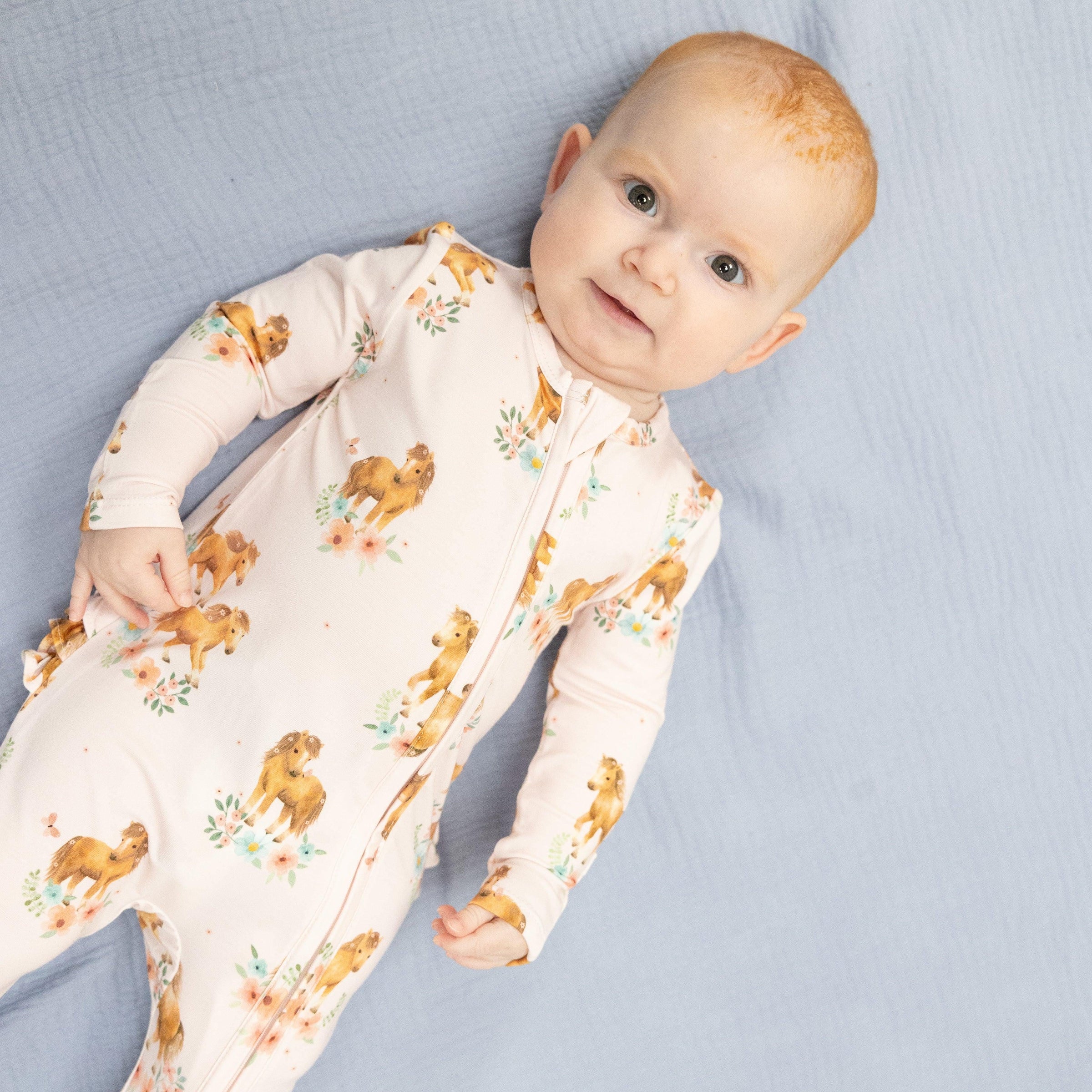 Angel Dear Pink Ponies 2-Way Ruffle Back Zipper Footie