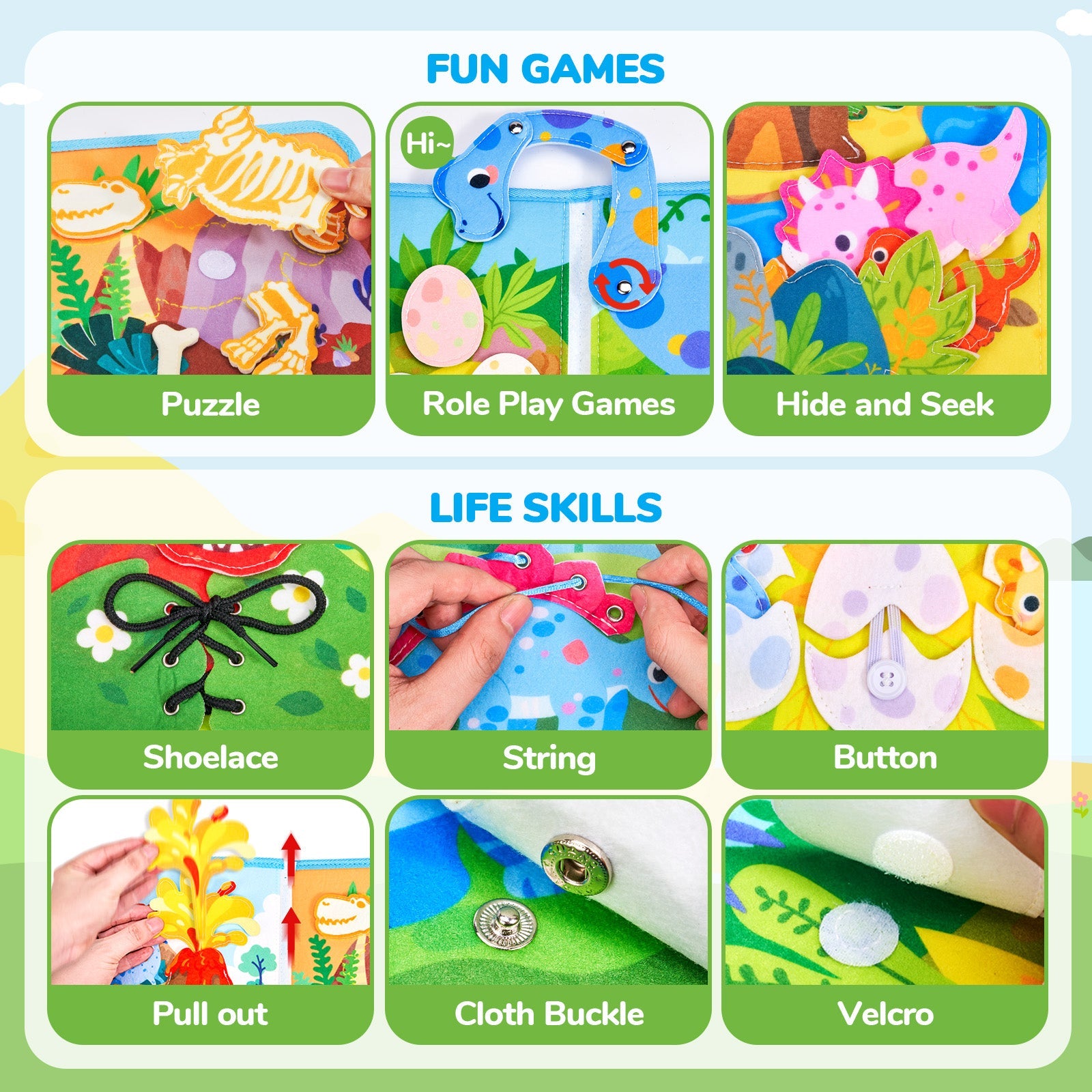 JoyCat 15-in-1 Dinosaur Friends Montessori Busy Book