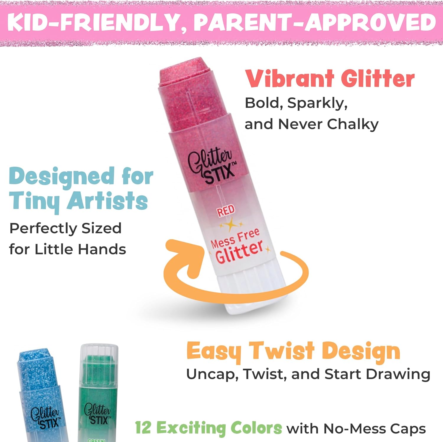 The Pencil Grip Glitter Stix, Mess Free Glitter, Set of 12 Colors