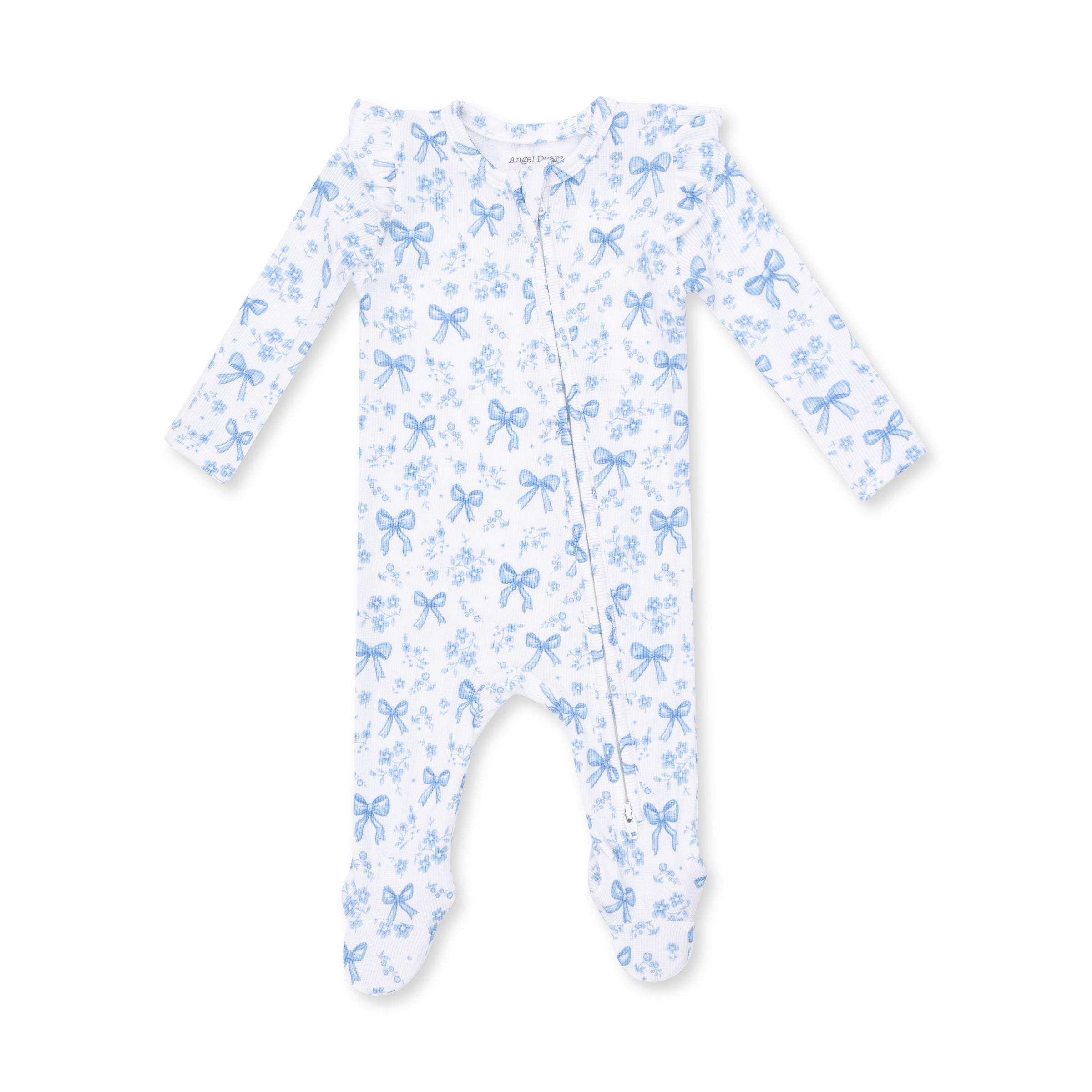 Angel Dear Blue Bows & Flowers 2 Way Ruffle Sleeve Zipper Footie