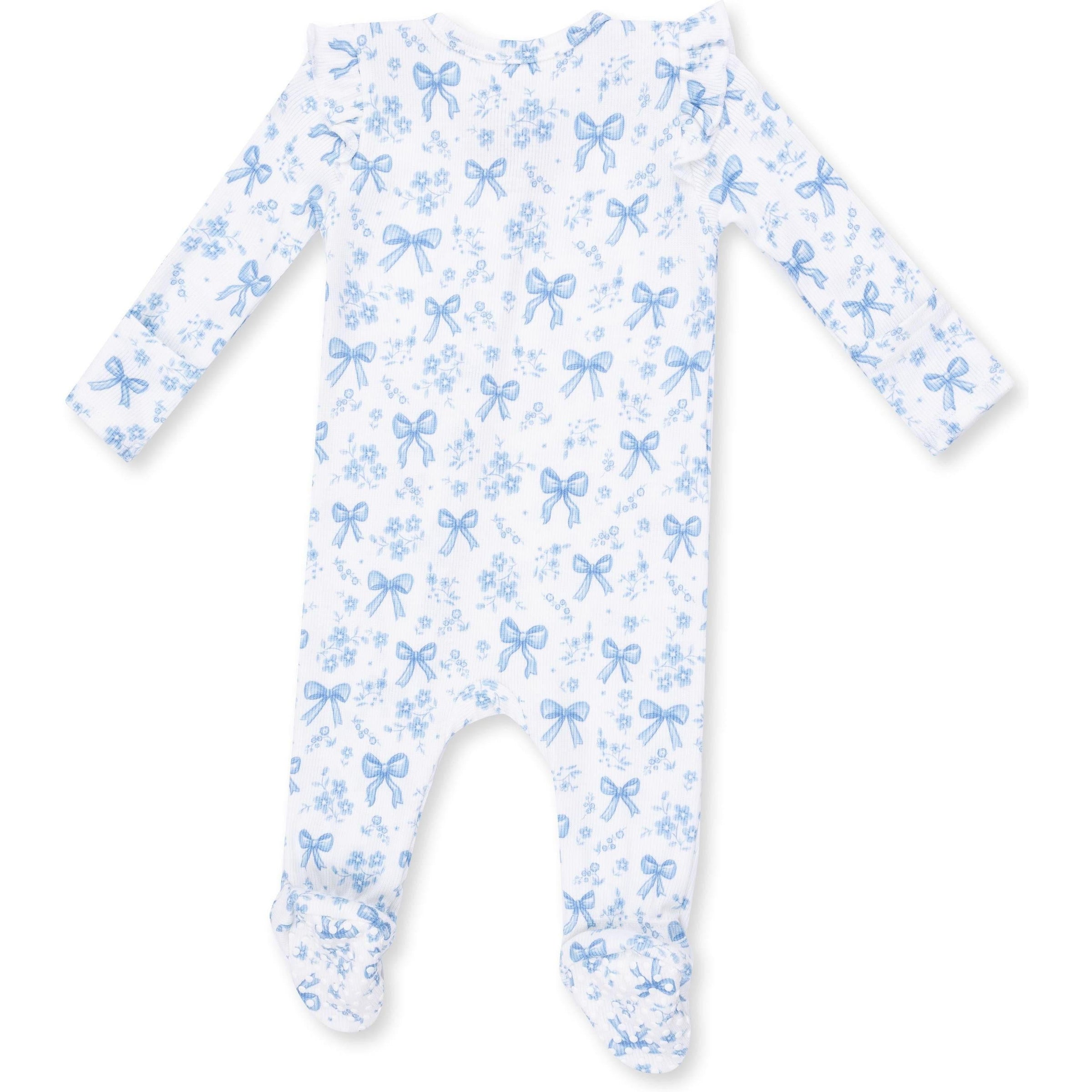 Angel Dear Blue Bows & Flowers 2 Way Ruffle Sleeve Zipper Footie