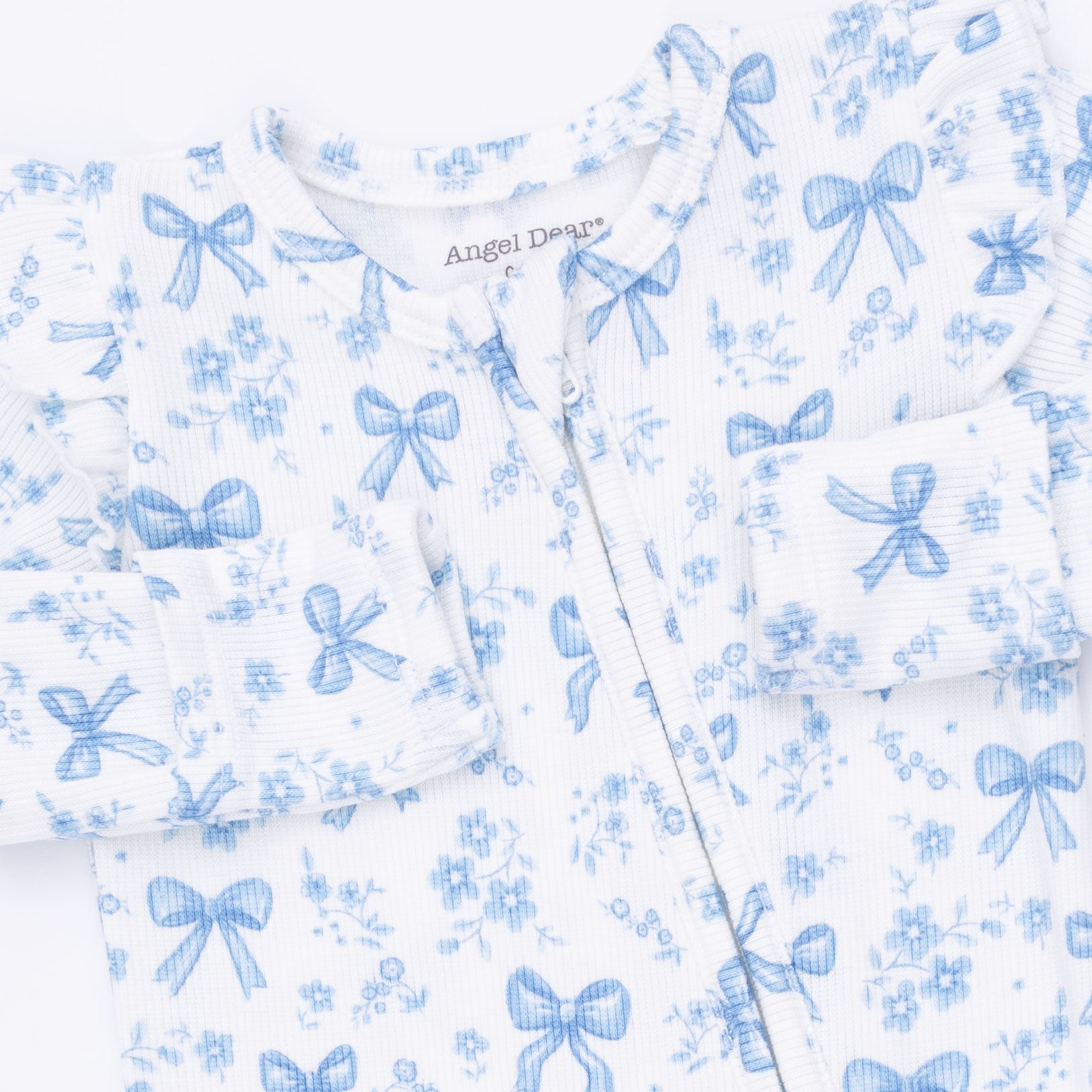 Angel Dear Blue Bows & Flowers 2 Way Ruffle Sleeve Zipper Footie