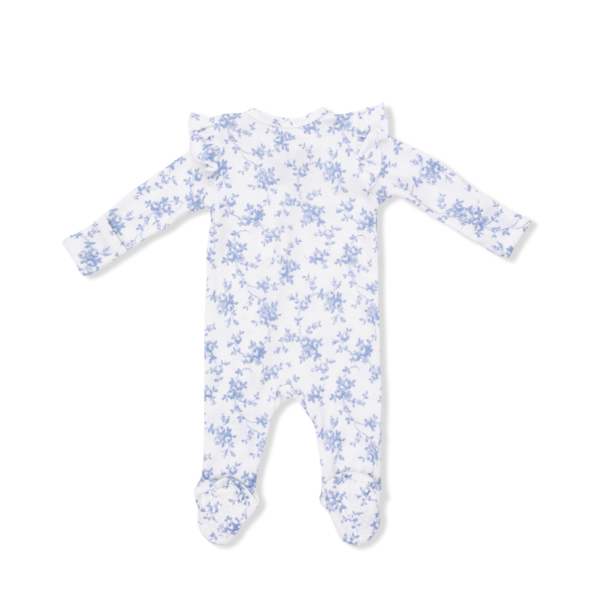 Angel Dear Baby Blue Vines Floral 2-Way Ruffle Sleeve Zipper Footie