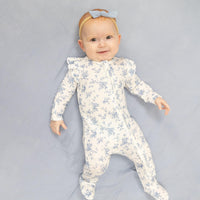 Angel Dear Baby Blue Vines Floral 2-Way Ruffle Sleeve Zipper Footie