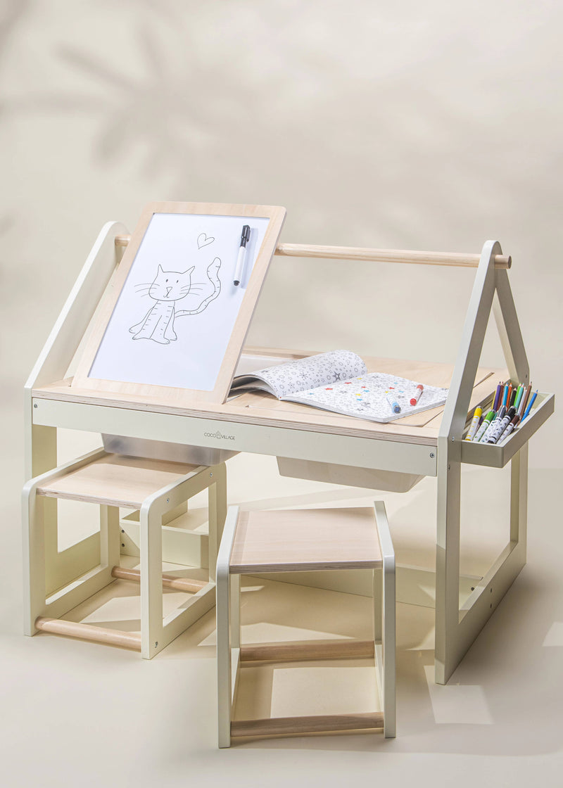 Coco Village Multifunction Wooden Art & Sensory Table With Stools