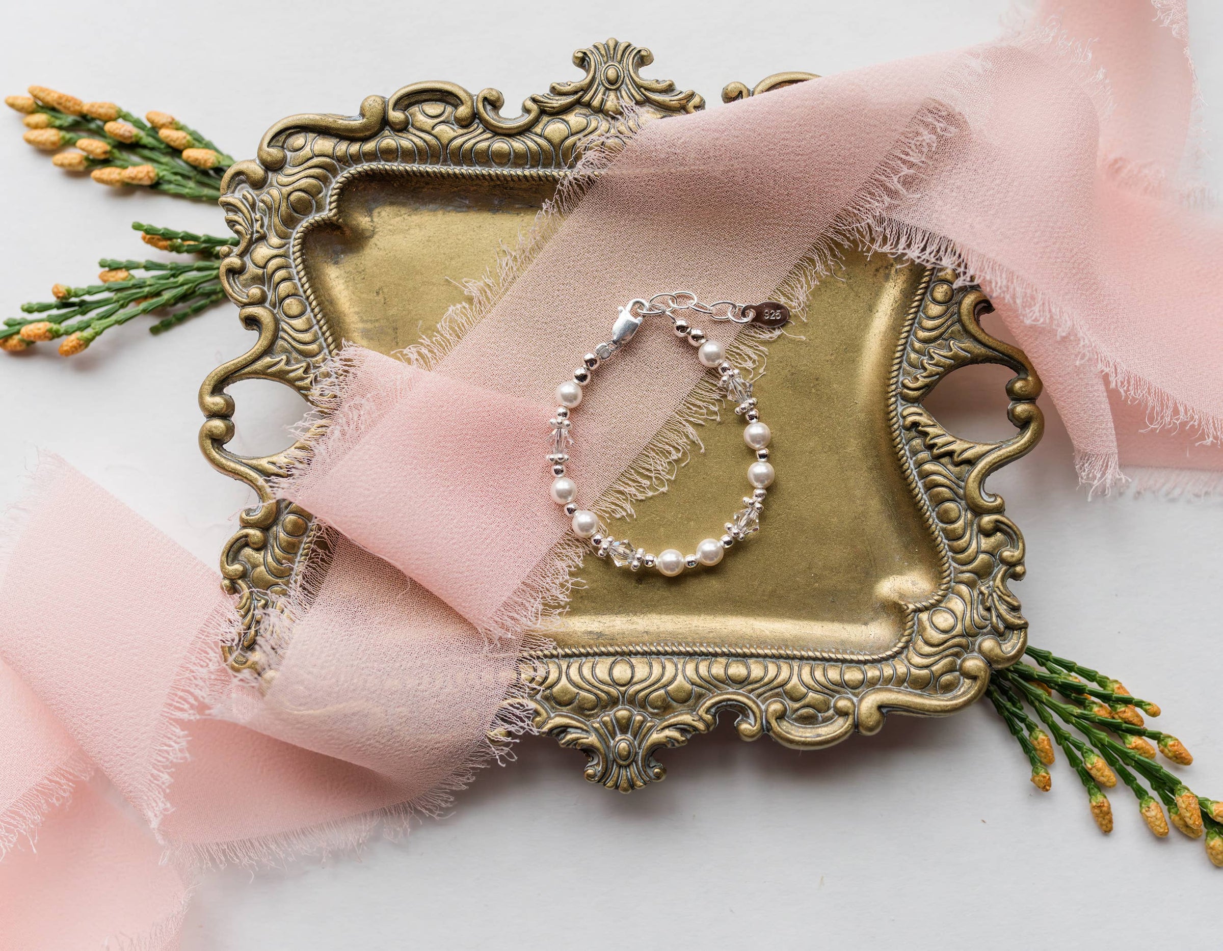 Cherished Moments - Sterling Silver Pearl Cross Baptism Bracelet