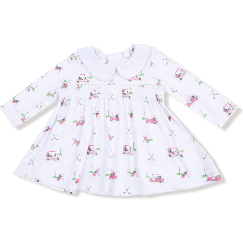 Angel Dear Baby Golf Carts Pink Long Sleeve Peter Pan Collar Dress with Smocking and Diaper Cover