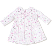 Angel Dear Dainty Buds And Bows Stripe Long Sleeve Peter Pan Collar Dress with Smocking + Diaper Cover