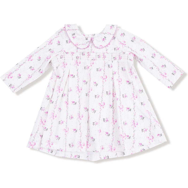 Angel Dear Dainty Buds And Bows Stripe Long Sleeve Peter Pan Collar Dress with Smocking + Diaper Cover