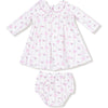 Angel Dear Dainty Buds And Bows Stripe Long Sleeve Peter Pan Collar Dress with Smocking + Diaper Cover
