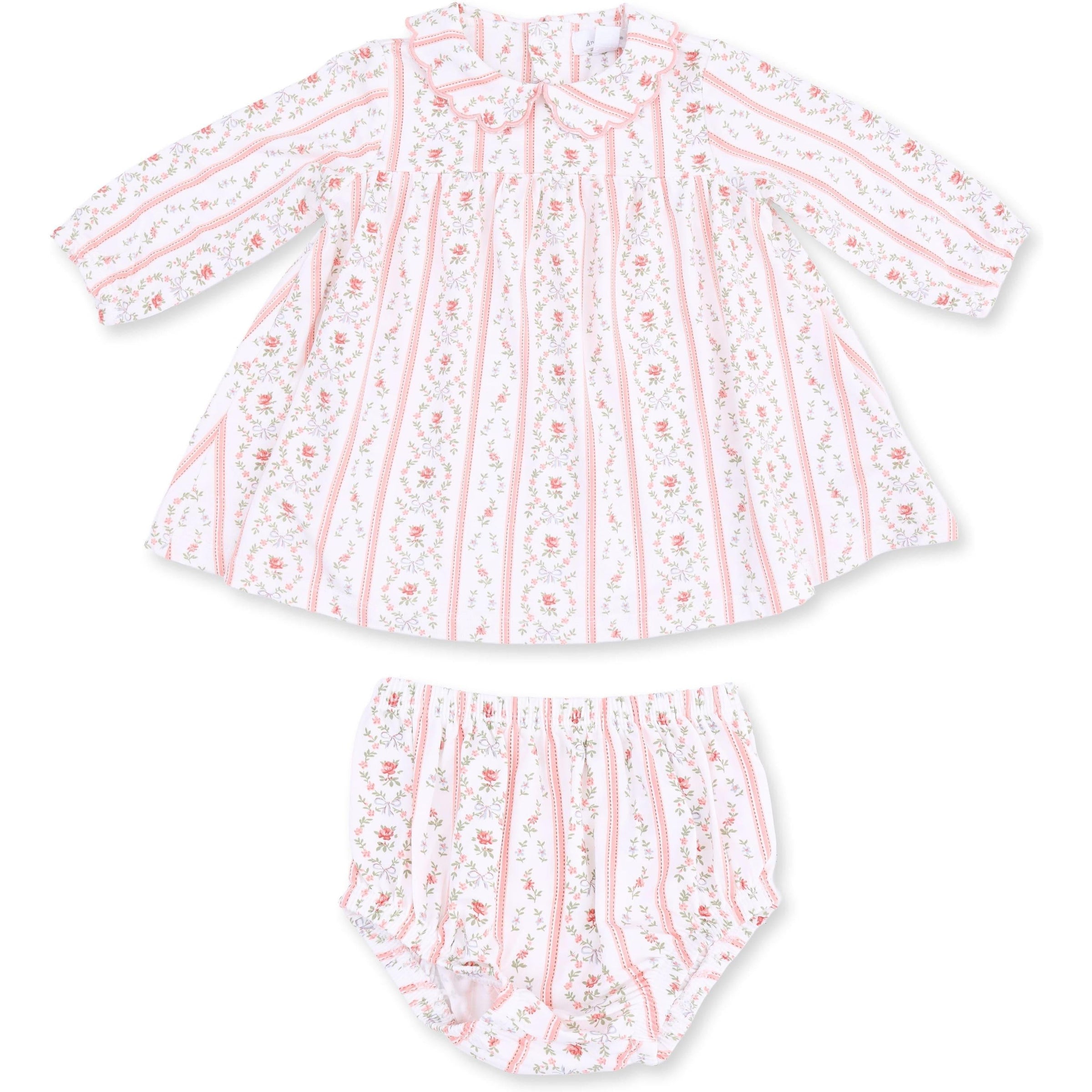 Angel Dear Marnie Rosebud Stripe Long Sleeve Petal Collar Dress & Bloomer