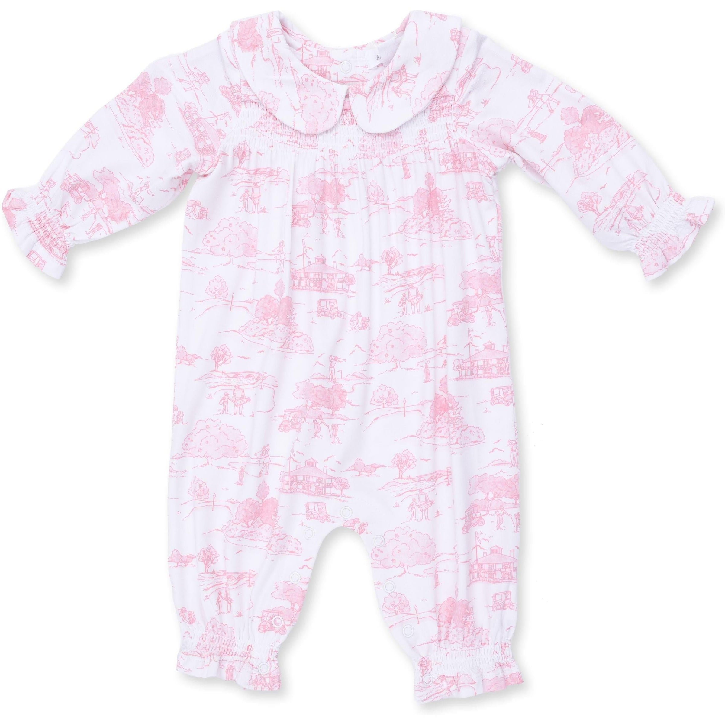 Angel Dear Golf Toile Pink Smocked Long Sleeve Romper