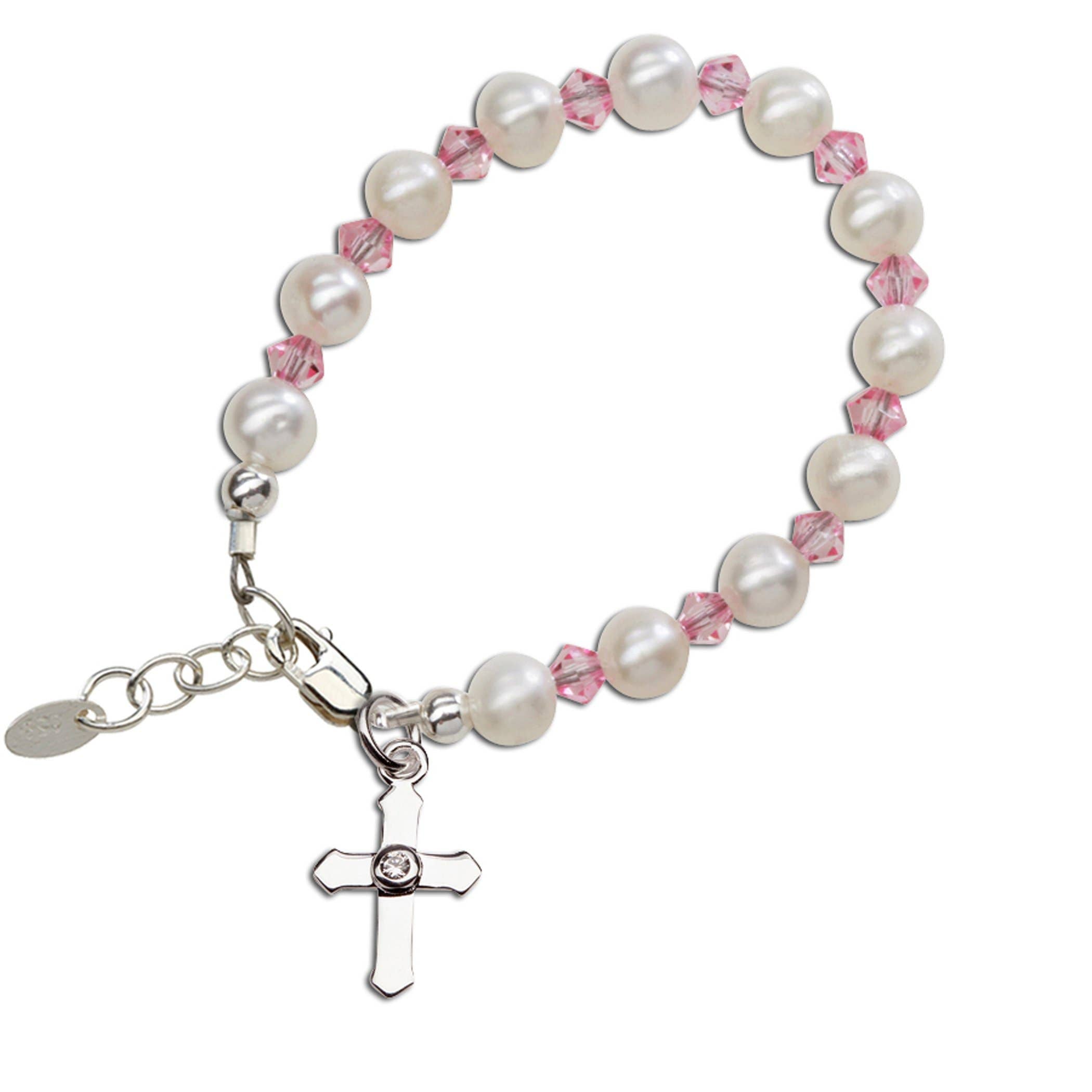 Cherished Moments - Silver Pink Baby Cross Bracelet Baptism & Communion Gift