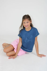 Paper Flower Denim Icons Embroidery Top Crossed Back