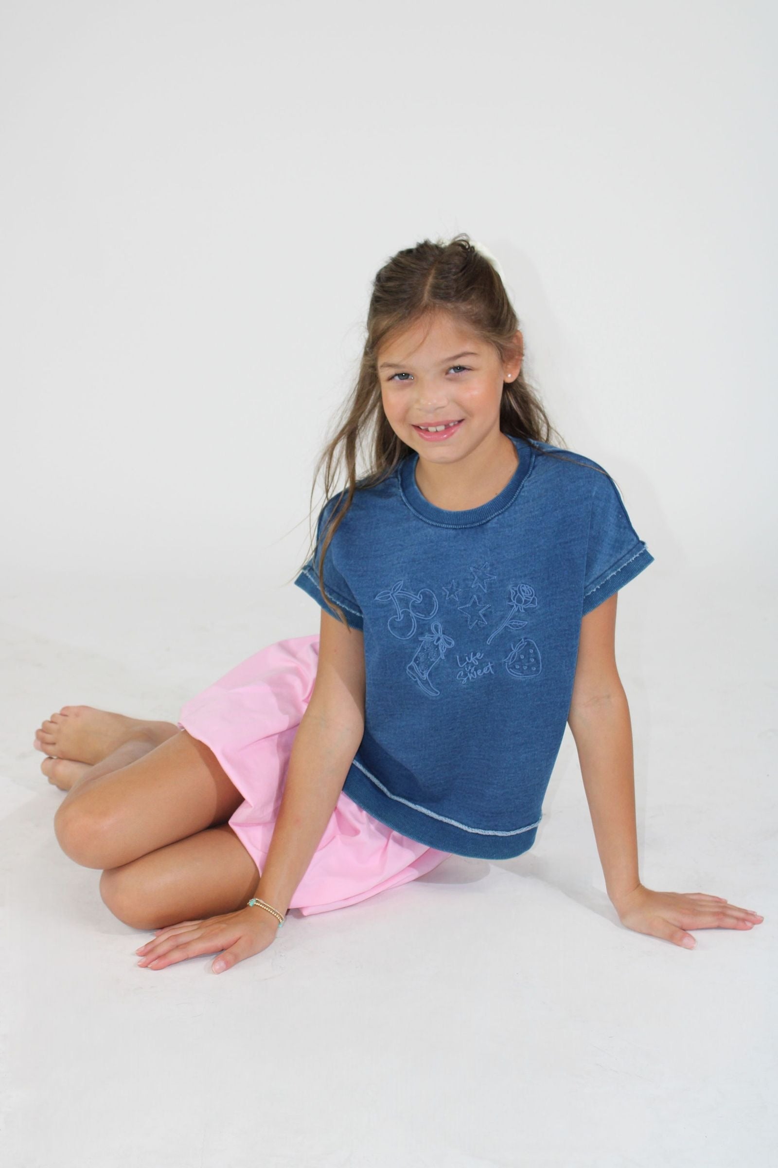 Paper Flower Denim Icons Embroidery Top Crossed Back