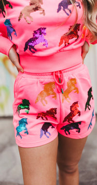 Queen Of Sparkle Kids Neon Pink Horse Short Set