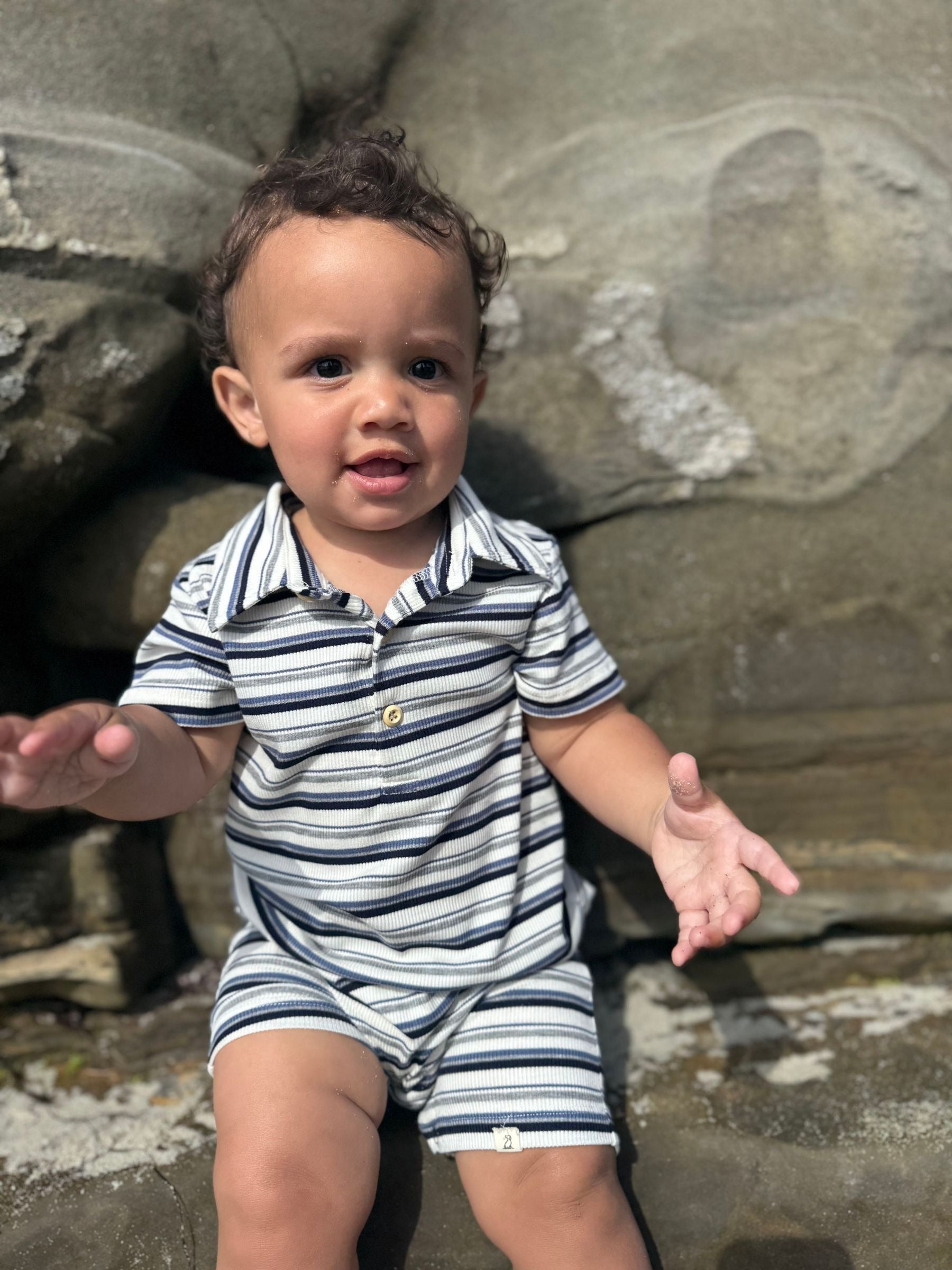 Me & Henry Drift Romper | Grey Multi Stripe