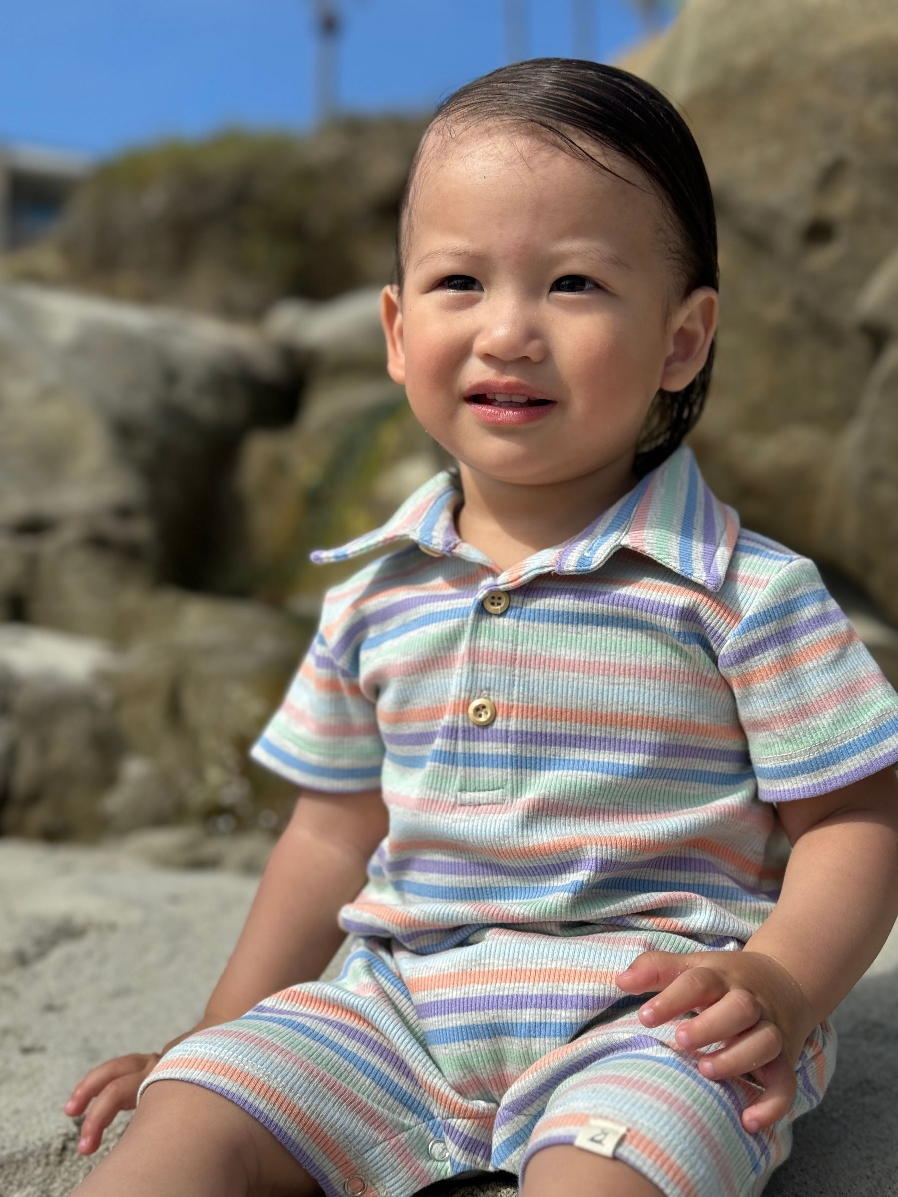 Me & Henry Drift Romper | Peach Multi Stripe
