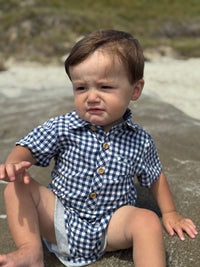 Me & Henry Helford Woven Onesie | Navy/White Plaid