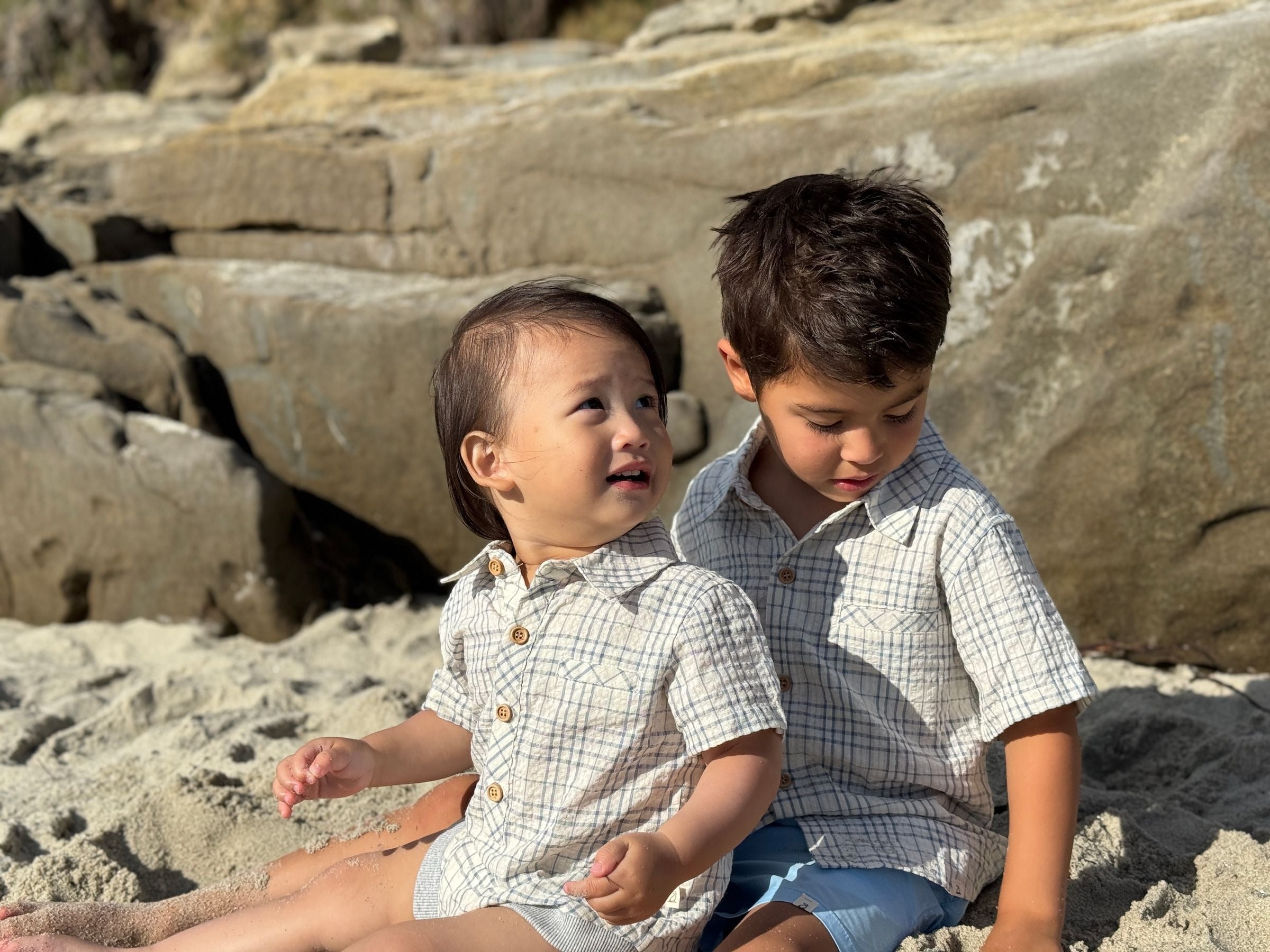 Me & Henry Helford Woven Onesie | Chambray/Cream Plaid