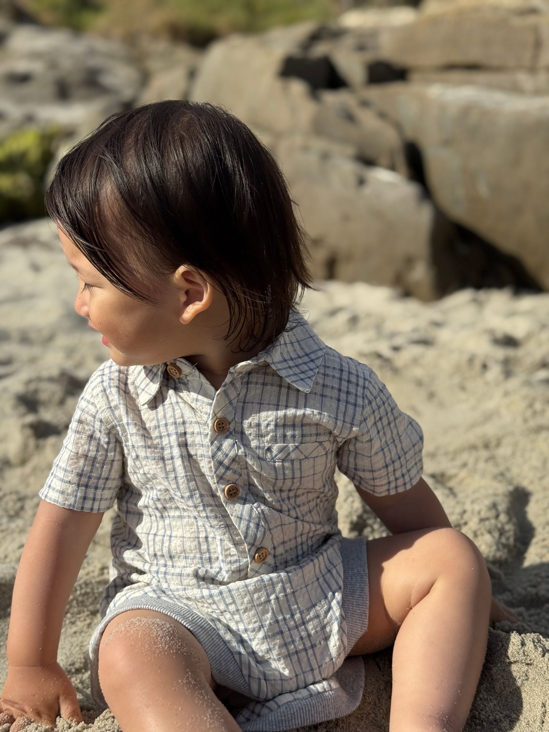 Me & Henry Helford Woven Onesie | Chambray/Cream Plaid