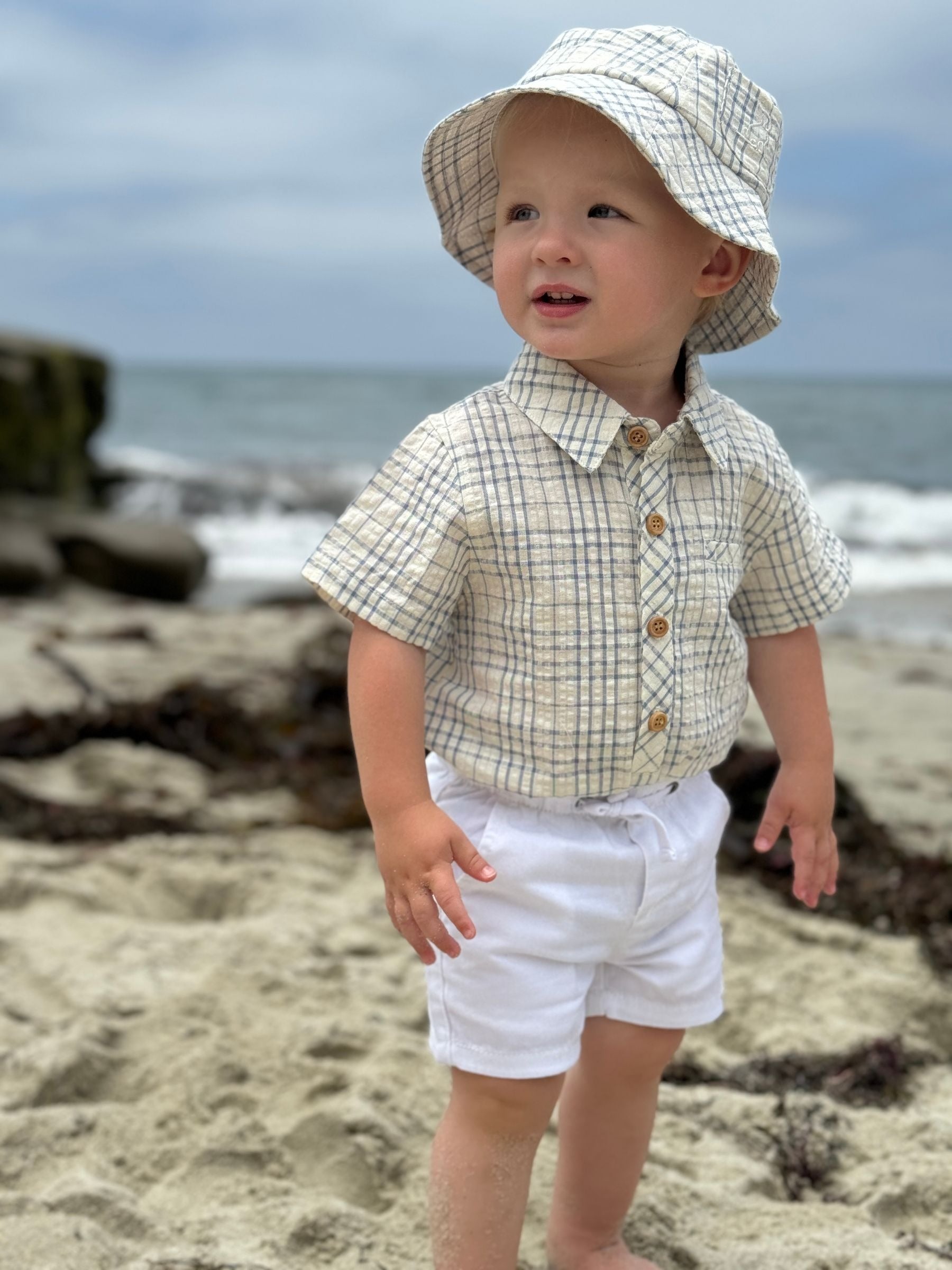Me & Henry Helford Woven Onesie | Chambray/Cream Plaid