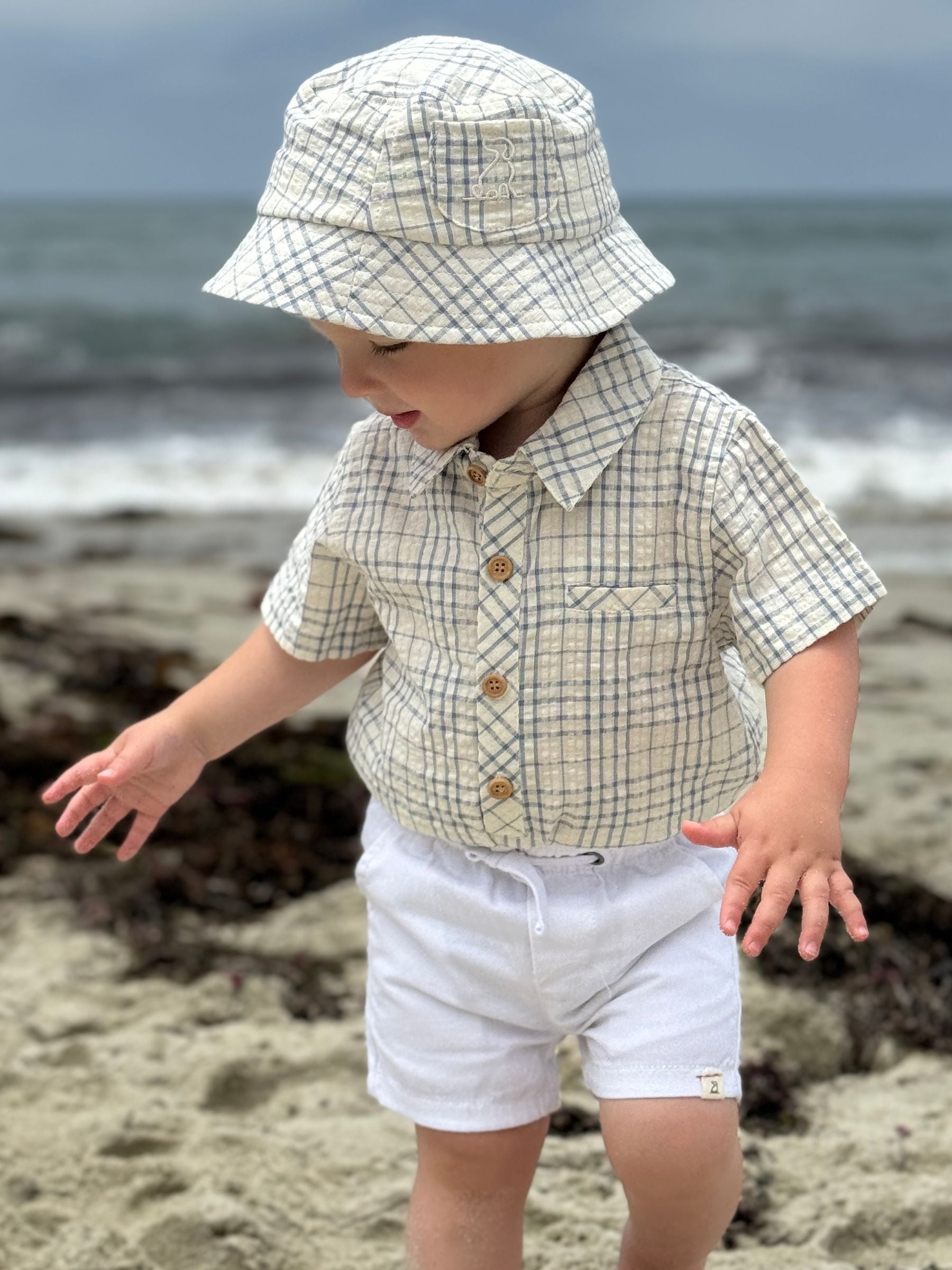Me & Henry Helford Woven Onesie | Chambray/Cream Plaid