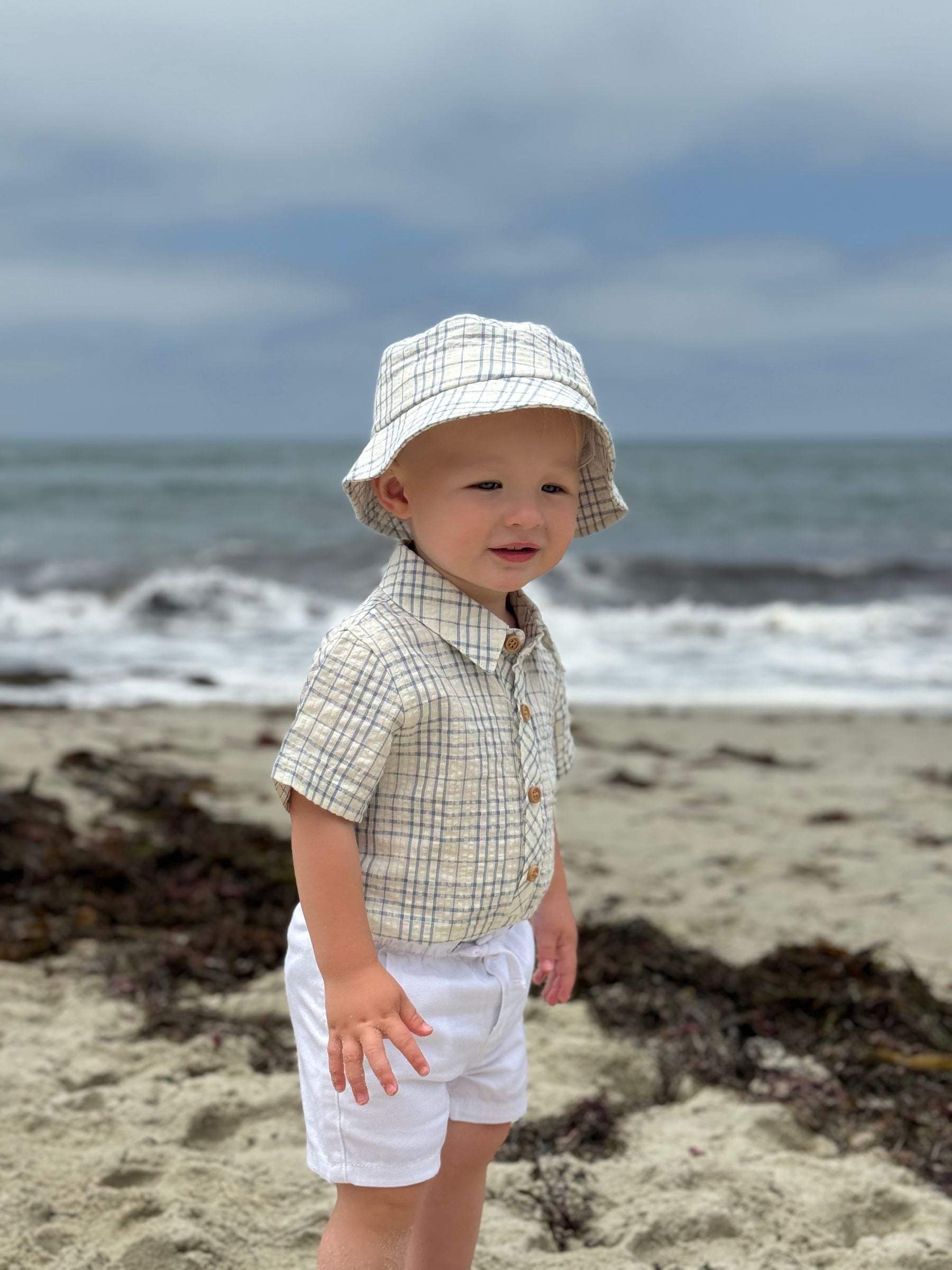 Me & Henry Helford Woven Onesie | Chambray/Cream Plaid