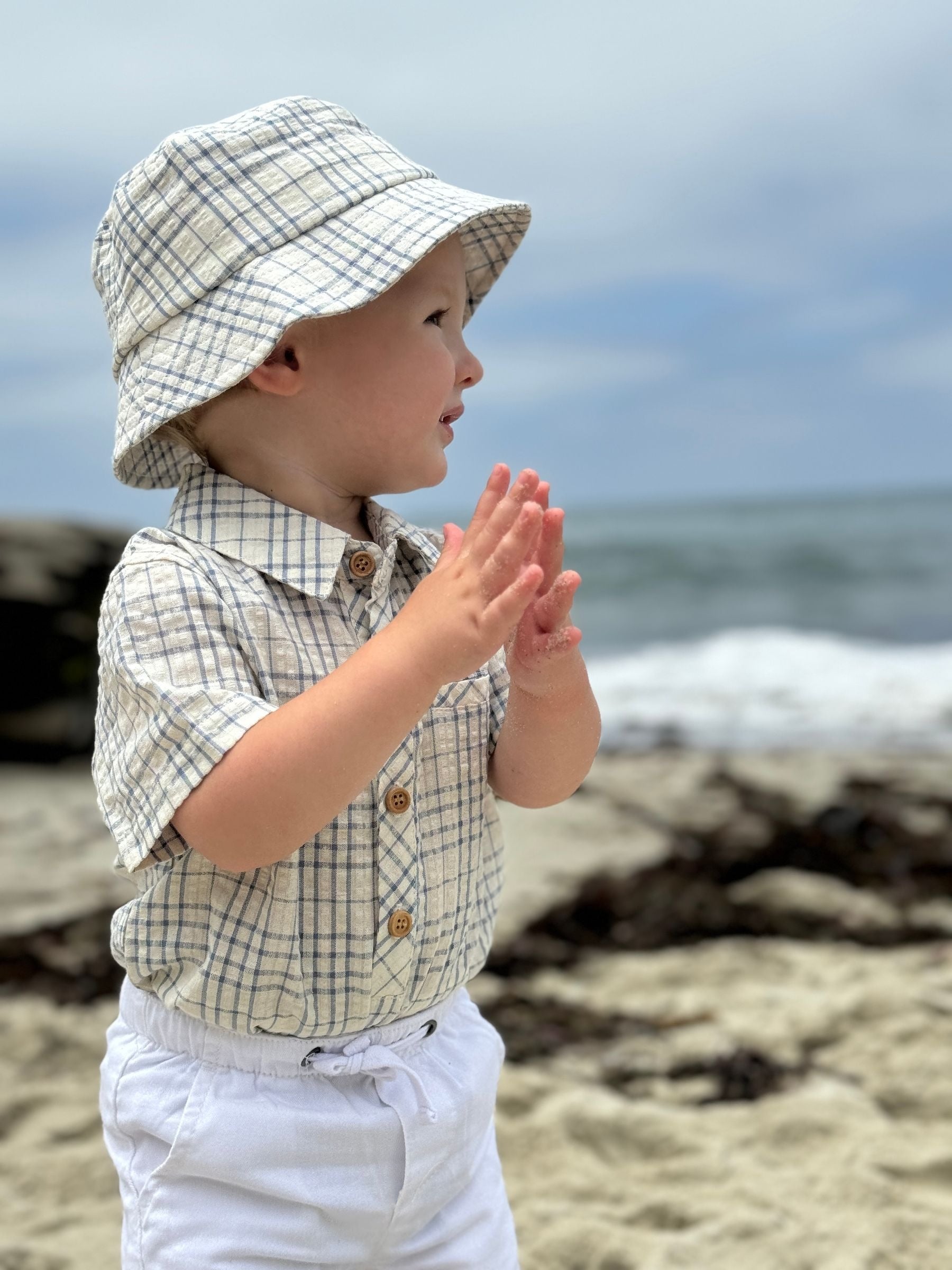 Me & Henry Helford Woven Onesie | Chambray/Cream Plaid